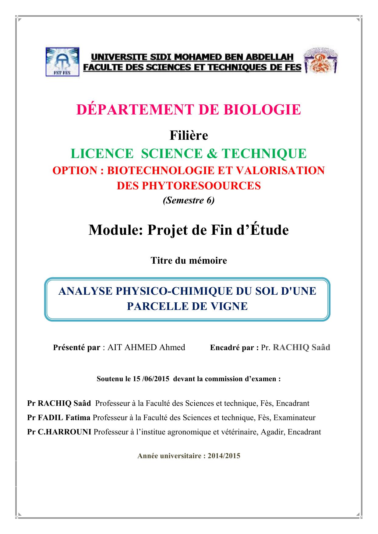 ANALYSE PHYSICO-CHIMIQUE DU SOL D'UNE PARCELLE DE VIGNE