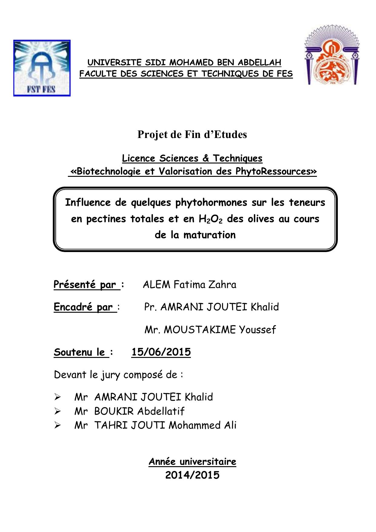 Influence de quelques phytohormones sur les teneurs en pectines totales et en H2O2 des olives au cours de la maturation