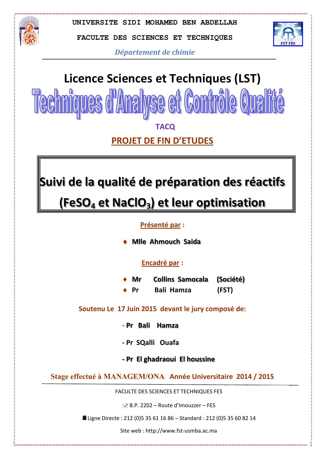 Suivi de la qualité de préparation des réactifs (FeSO4 et NaClO3) et leur optimisation