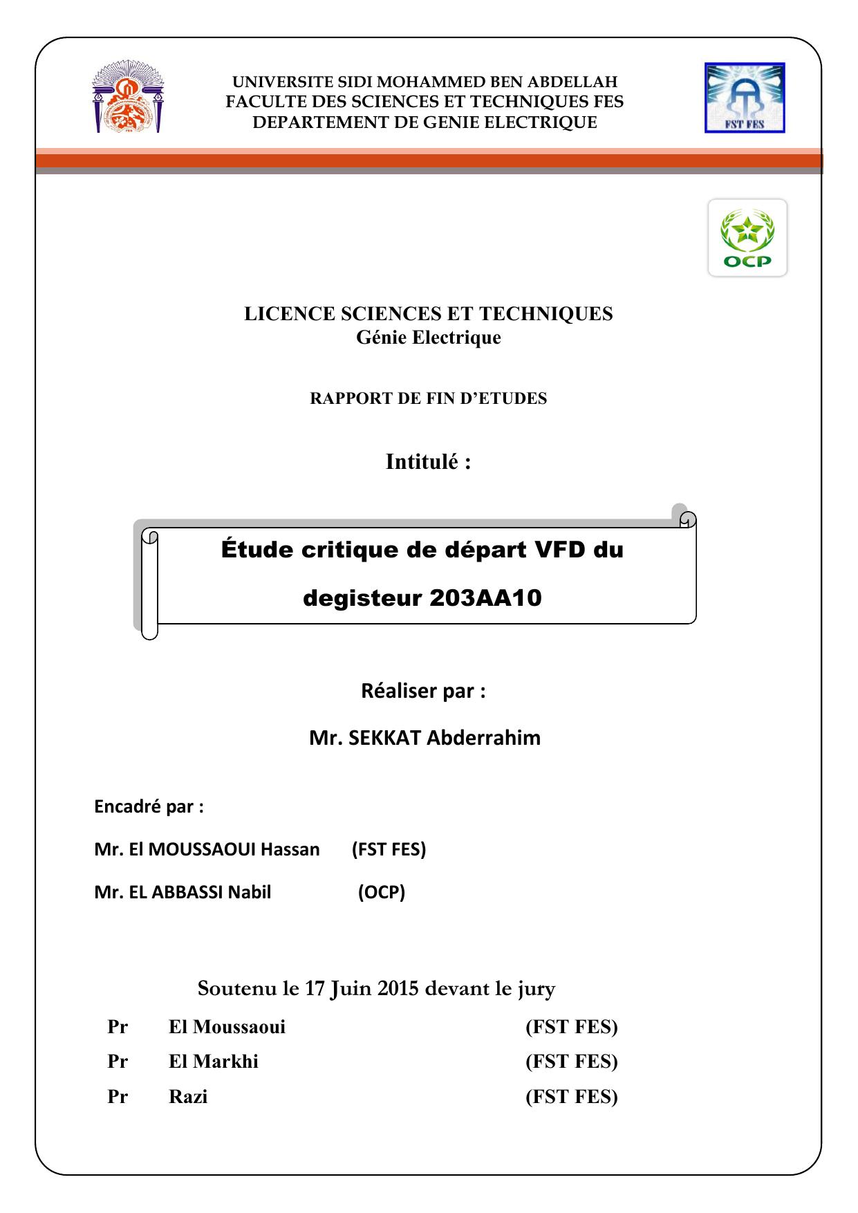 Étude critique de départ VFD du degisteur 203AA10