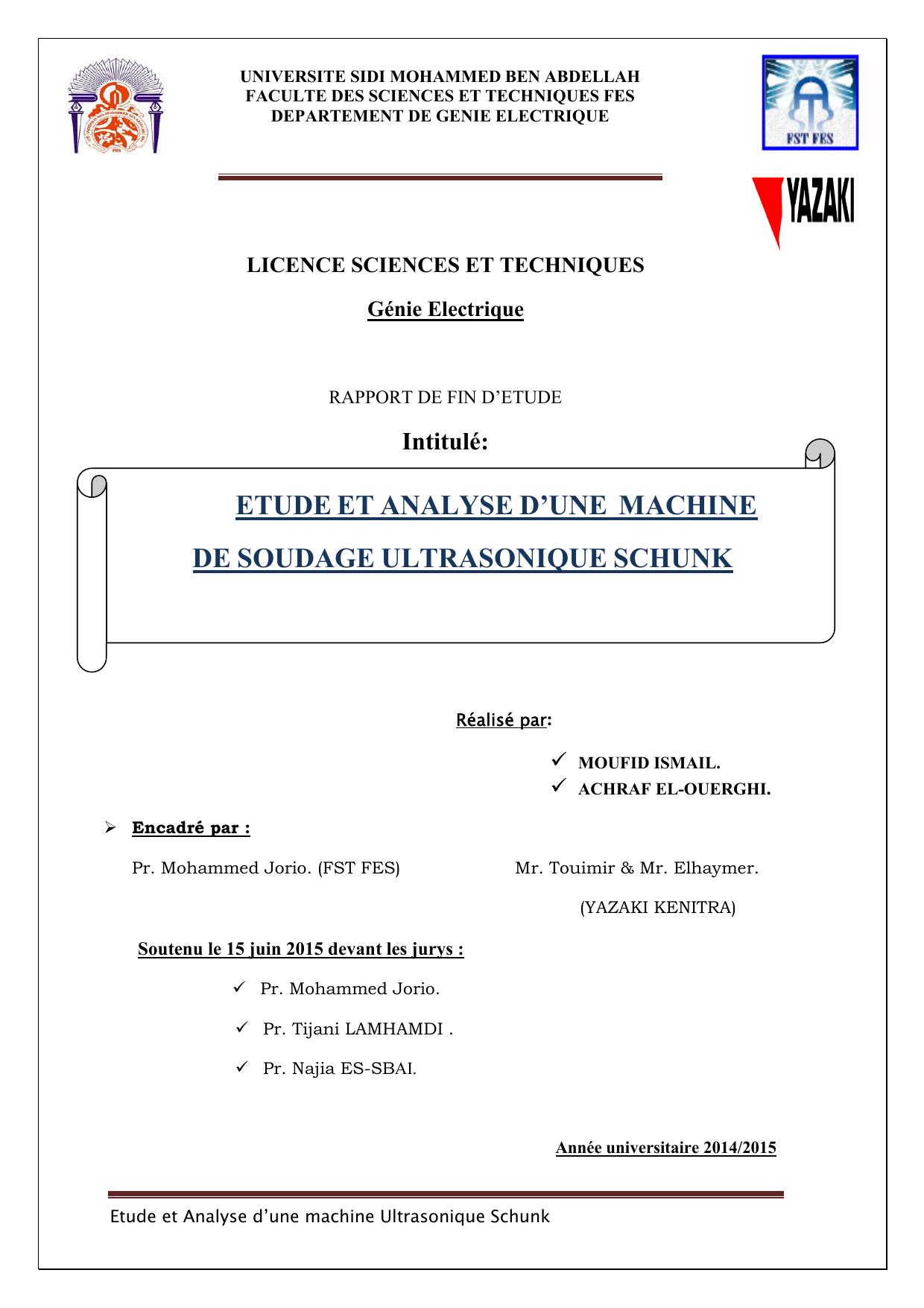 ETUDE ET ANALYSE D’UNE MACHINE DE SOUDAGE ULTRASONIQUE SCHUNK