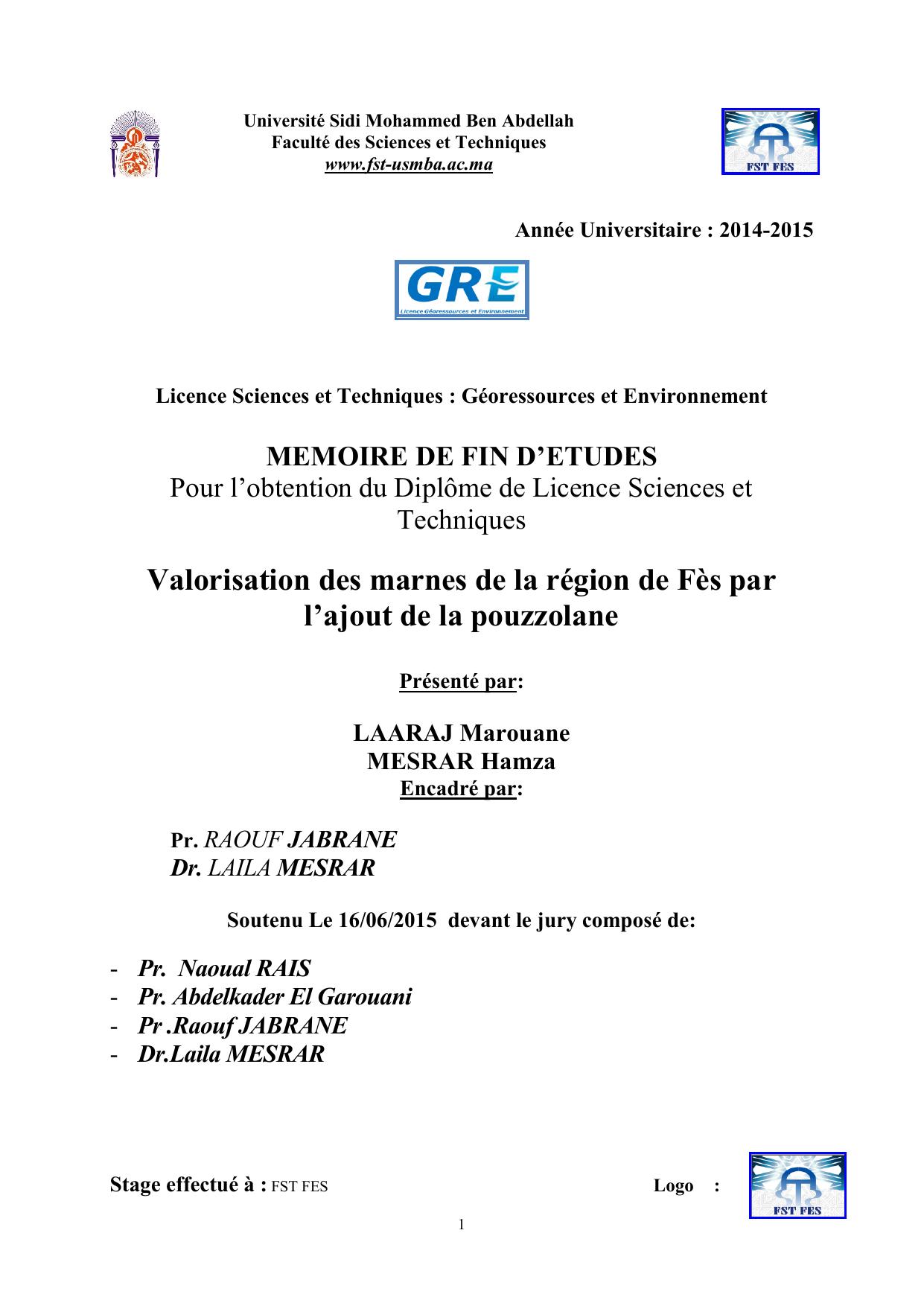 Valorisation des marnes de la région de Fès par l’ajout de la pouzzolane