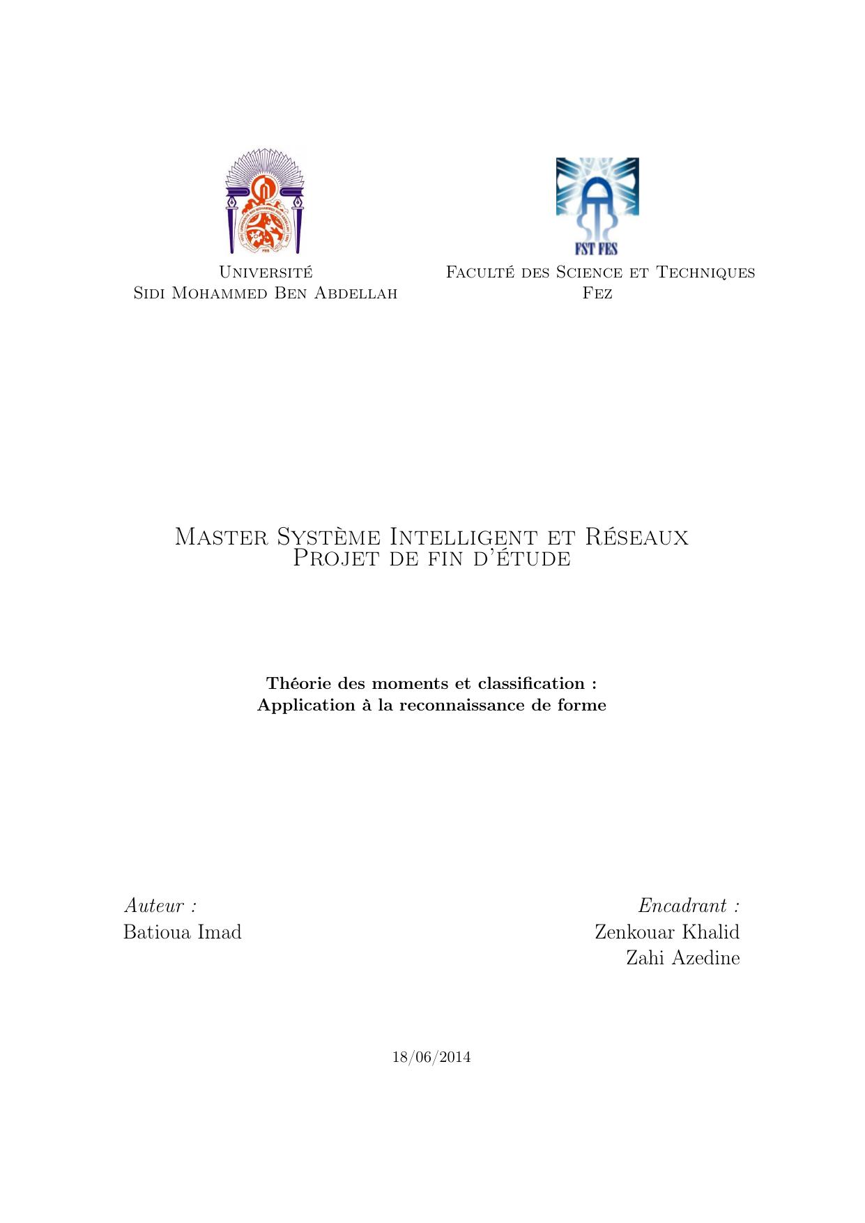 Théorie des moments et classification : Application à la reconnaissance de forme