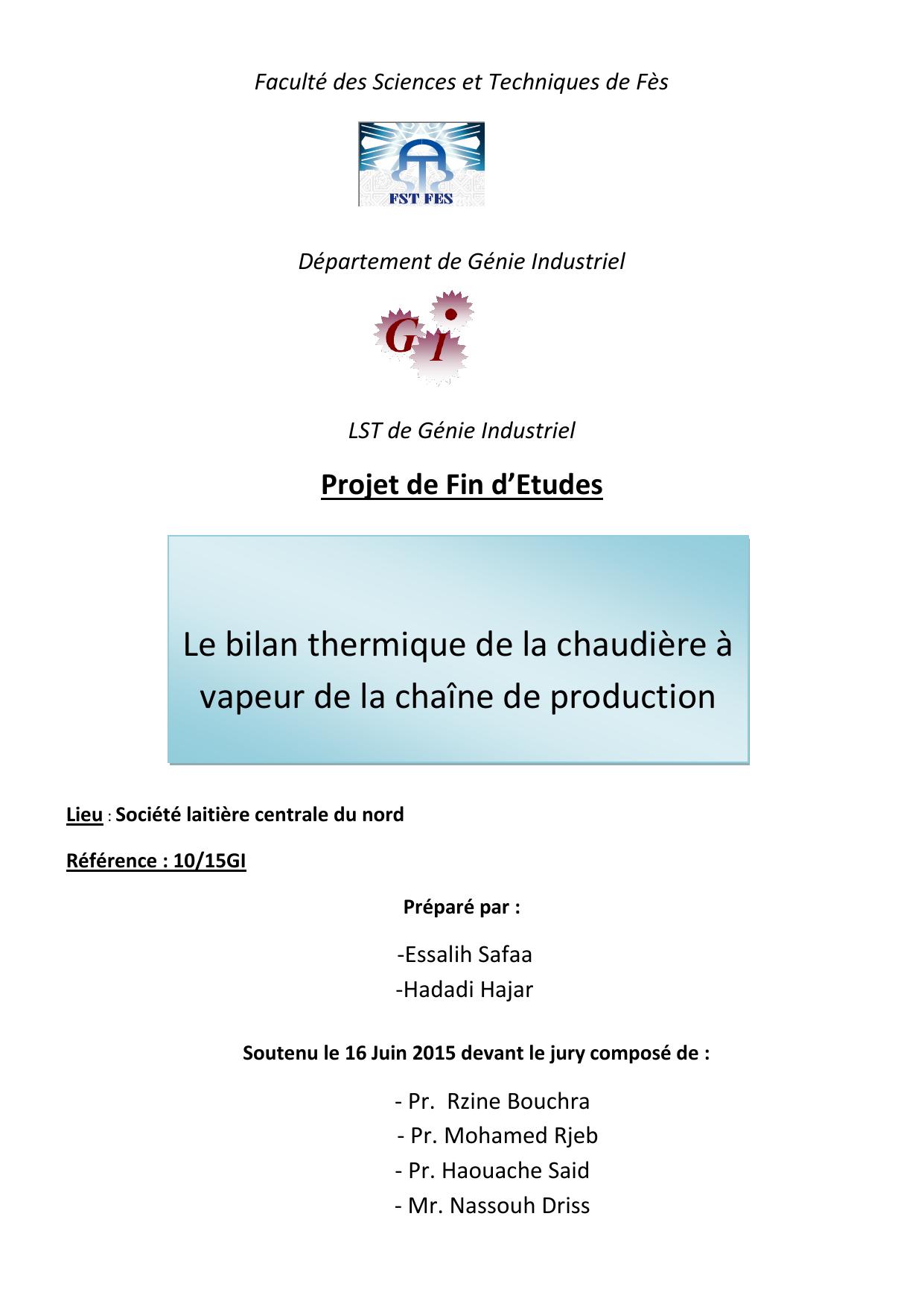 Le bilan thermique de la chaudière à vapeur de la chaîne de production