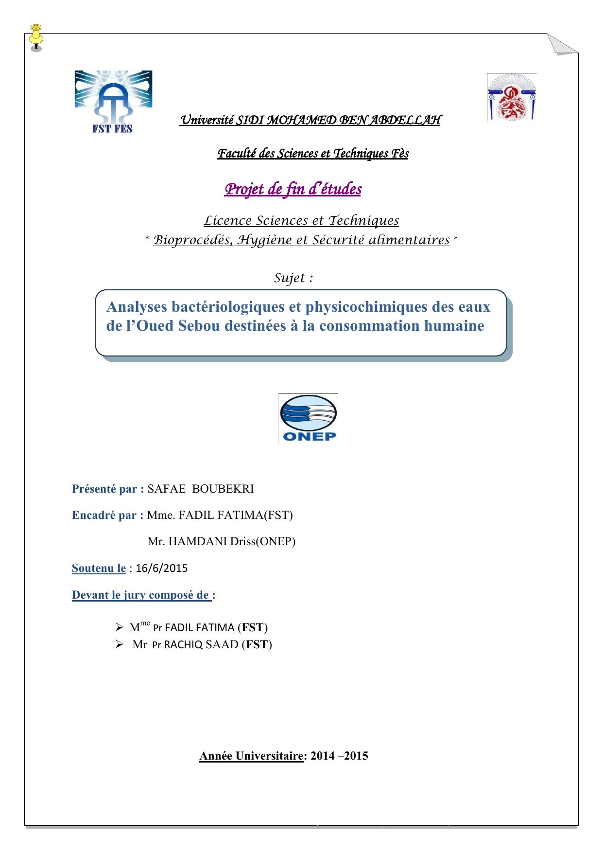 Analyses bactériologiques et physicochimiques des eaux de l’Oued Sebou destinées à la consommation humaine