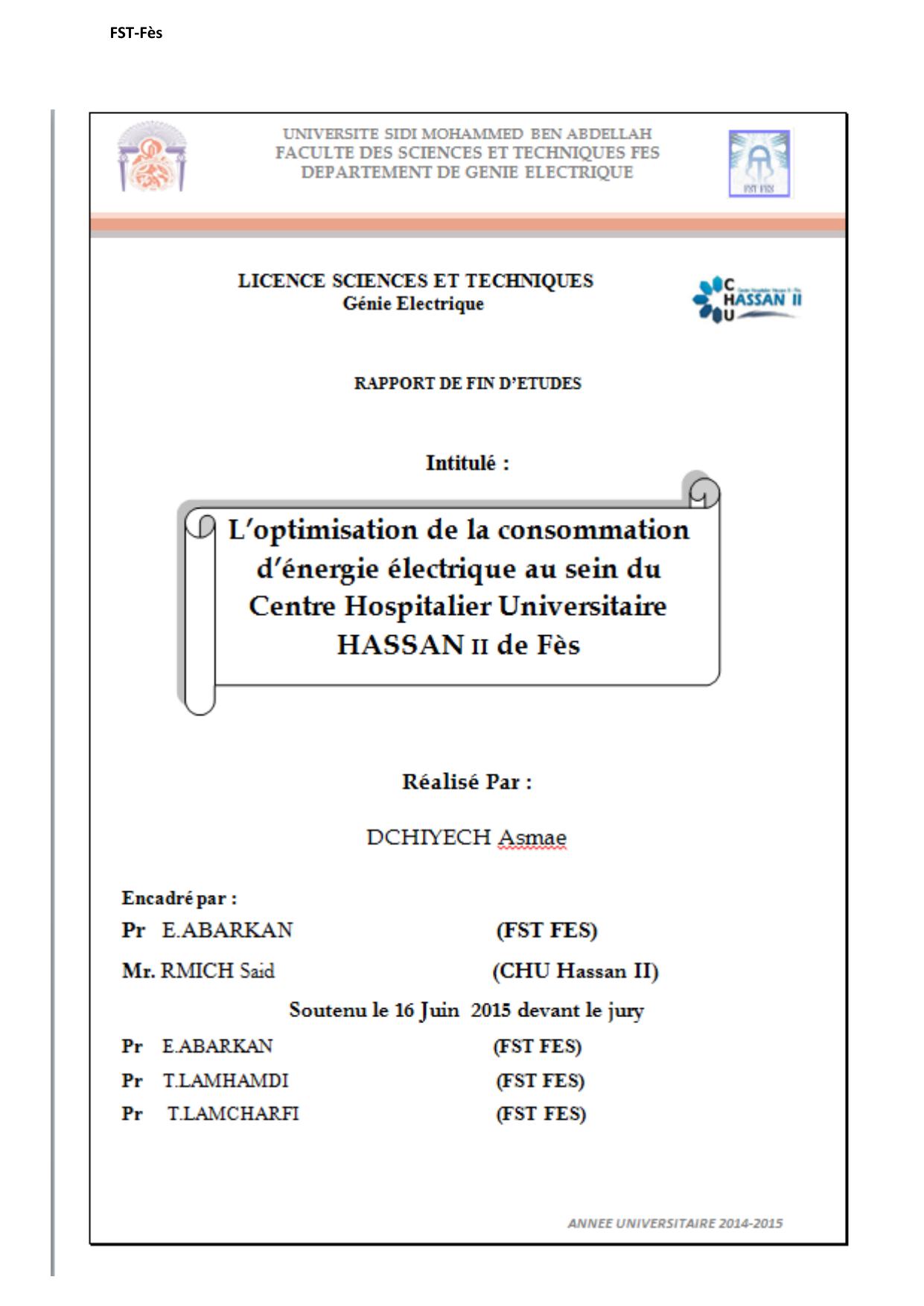 L'Optimisation de la consommation d'énergie électrique au sein du centre hospitalier universitaire Hassan II fès