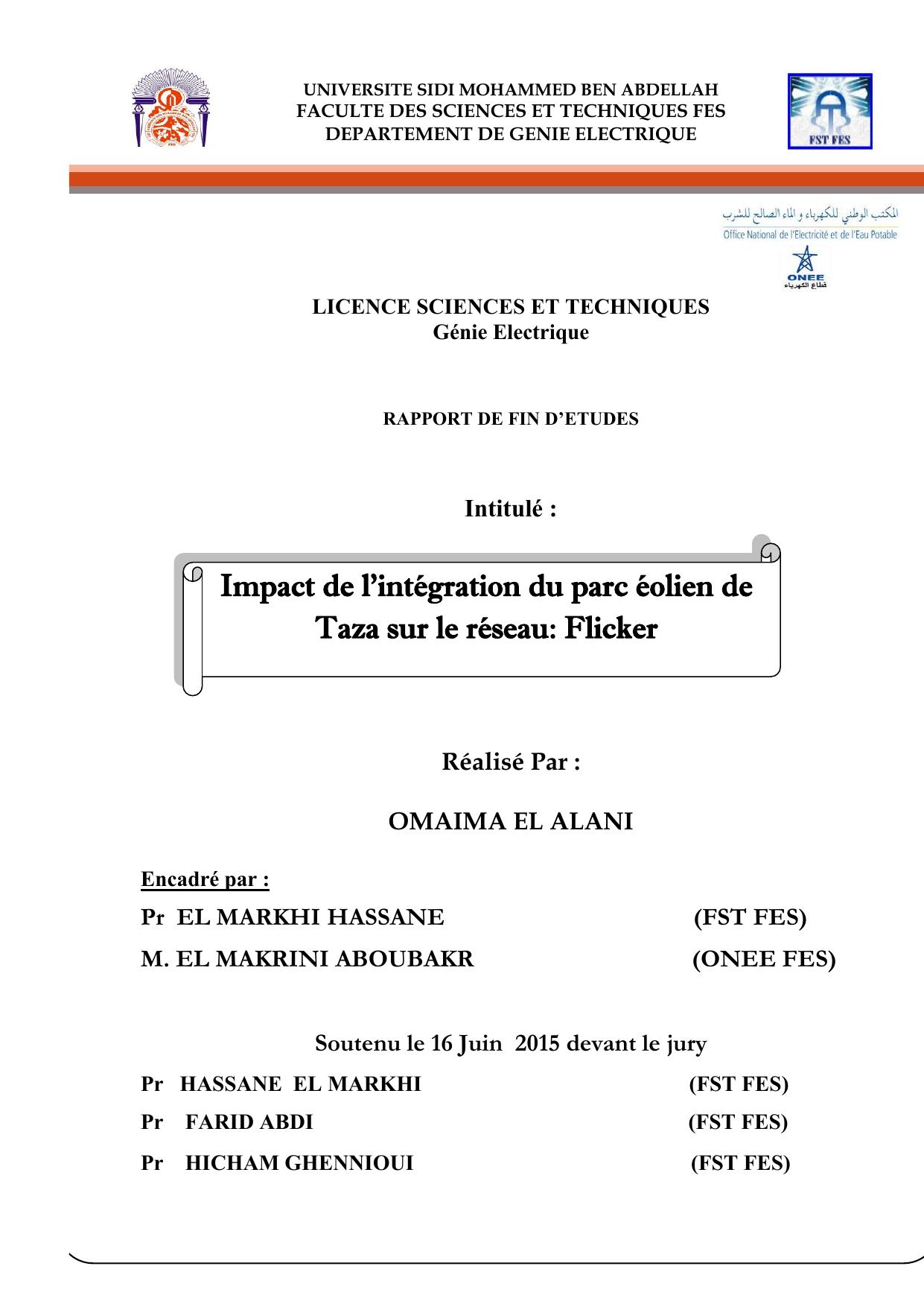 Impact de l’intégration du parc éolien de Taza sur le réseau: Flicker