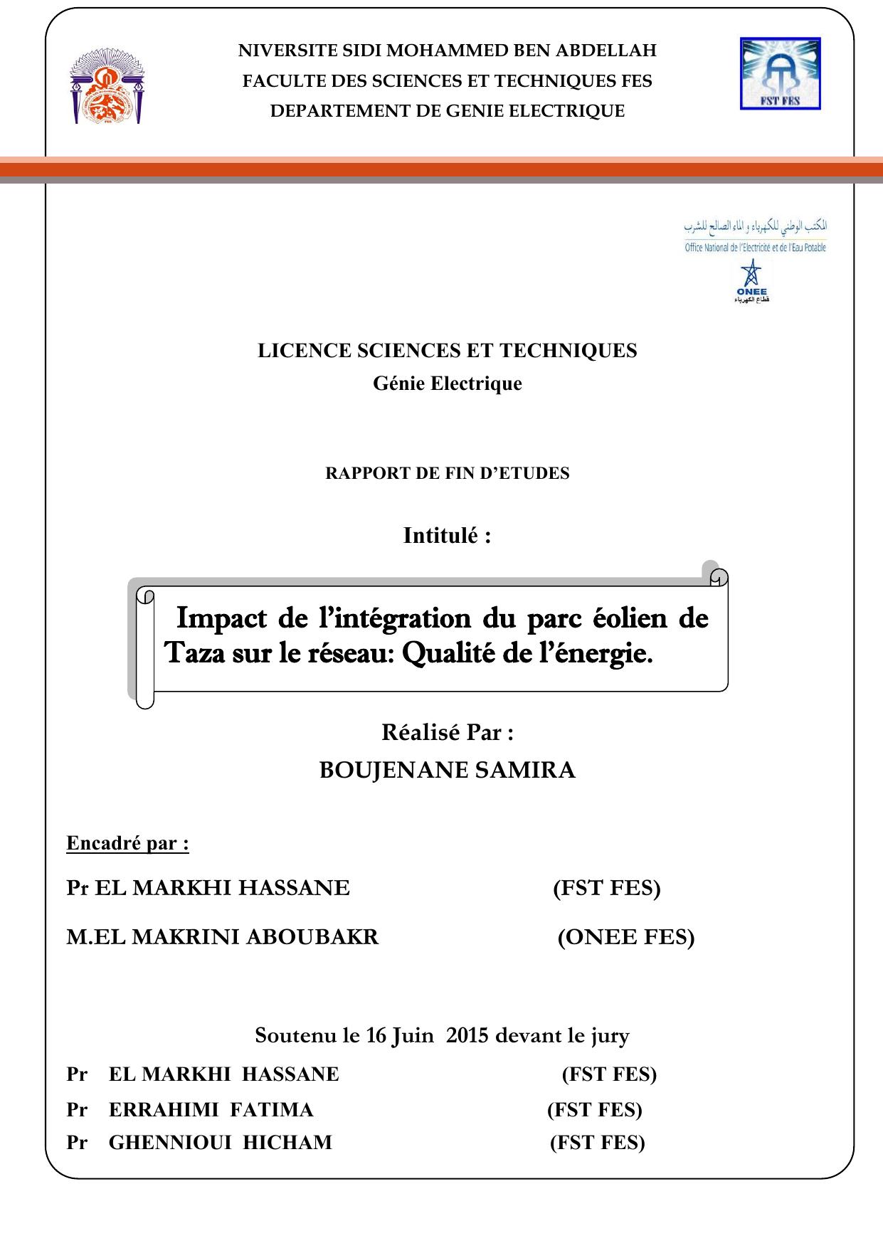 Impact de l’intégration du parc éolien de Taza sur le réseau: Qualité de l'énergie