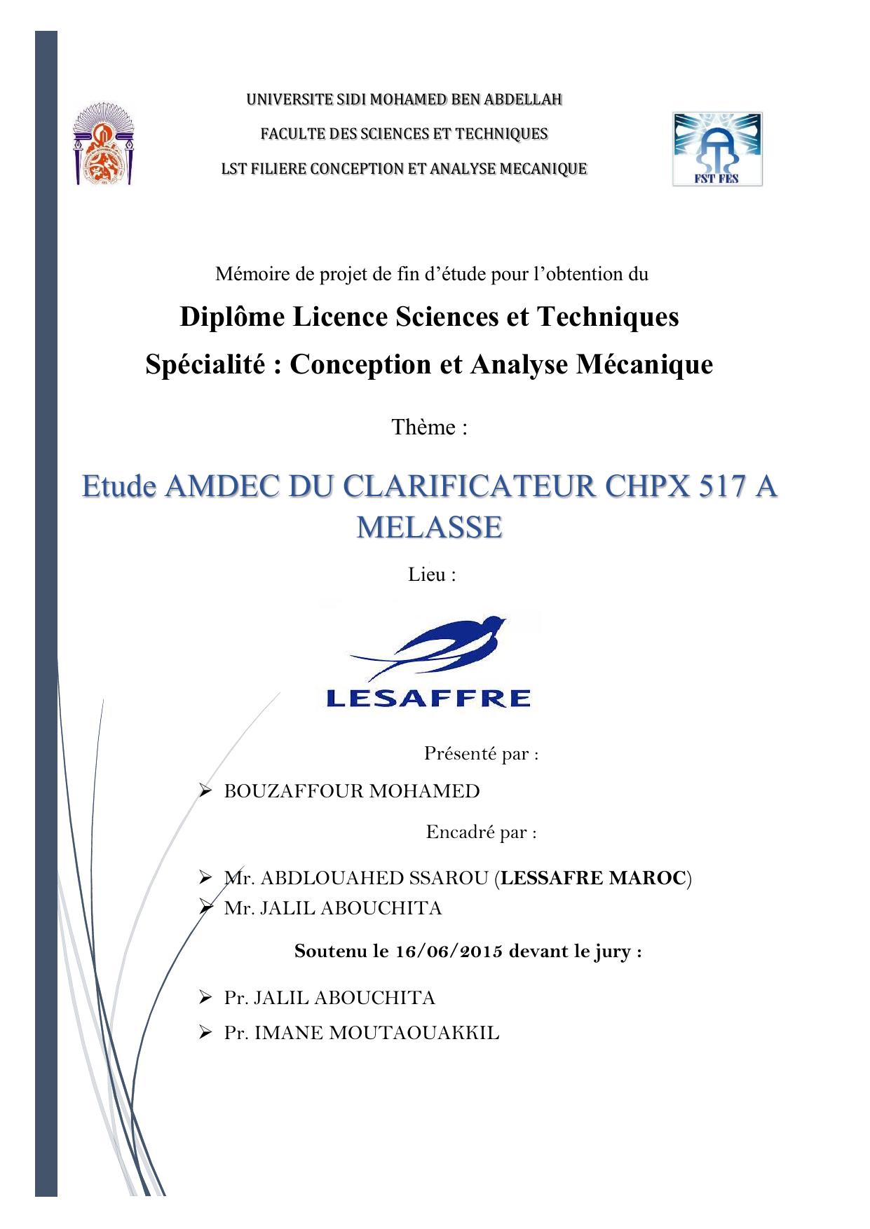 Etude AMDEC DU CLARIFICATEUR CHPX 517 A MELASSE