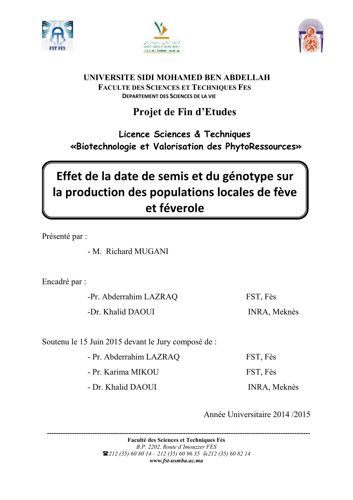 Effet de la date de semis et du génotype sur la production des populations locales de fève et féverole