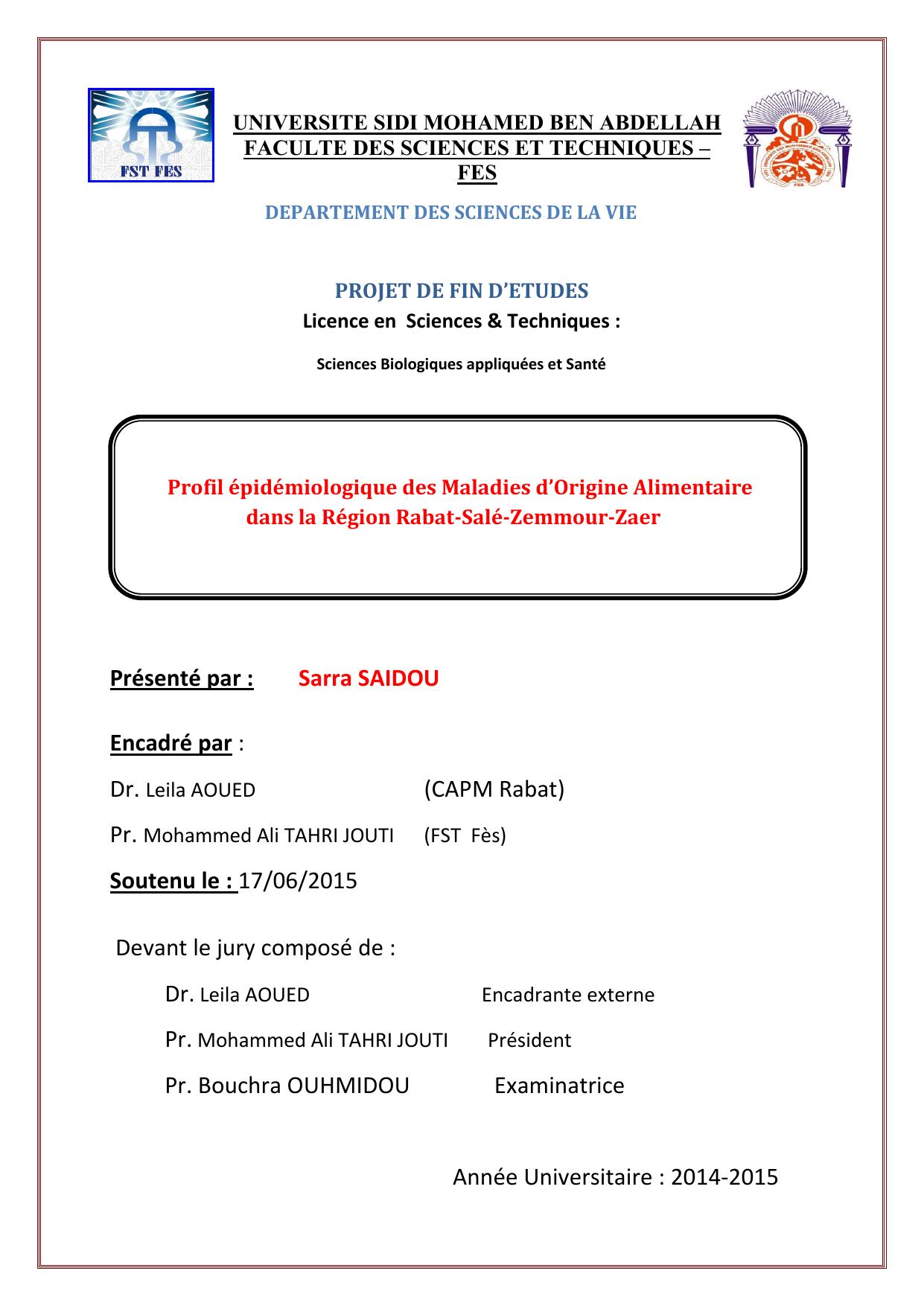 Profil épidémiologique des Maladies d’Origine Alimentaire dans la Région Rabat-Salé-Zemmour-Zaer