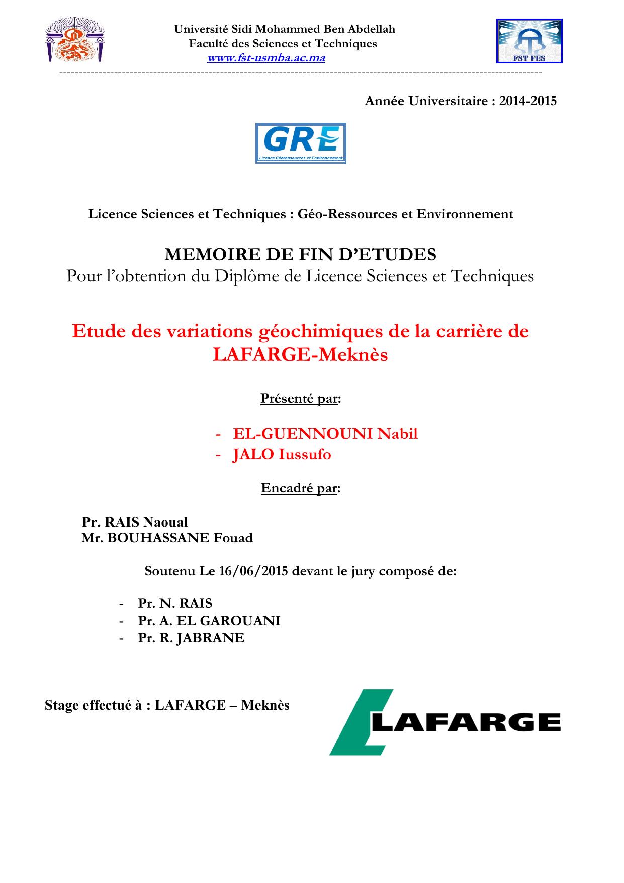 Etude des variations géochimiques de la carrière de LAFARGE-Meknès