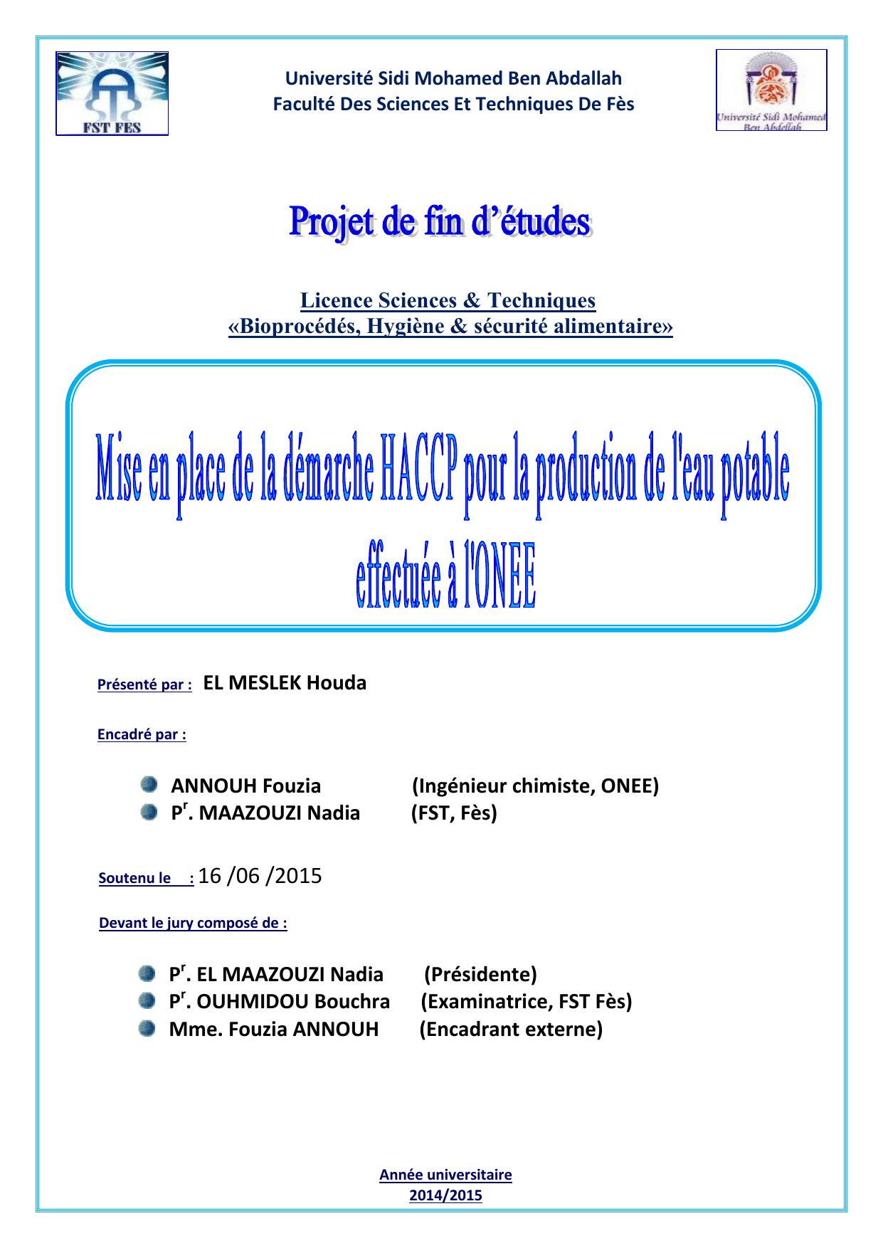 Mise en place de la démarche HACCP pour la production de l'eau potable effectuée à l'ONEE