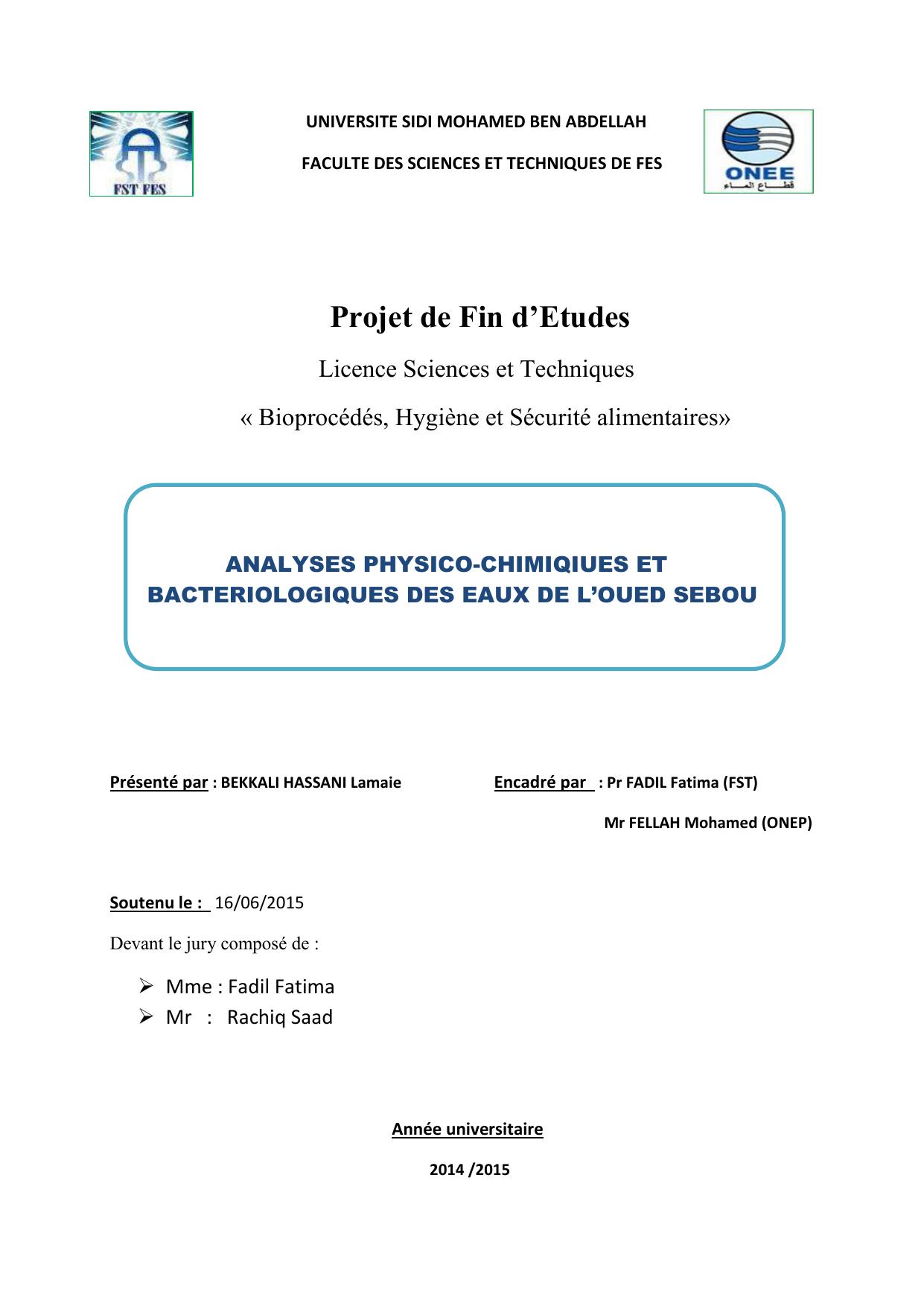 Analyses physico-chimiques et bactériologiques des eaux de l'Oued Sebou