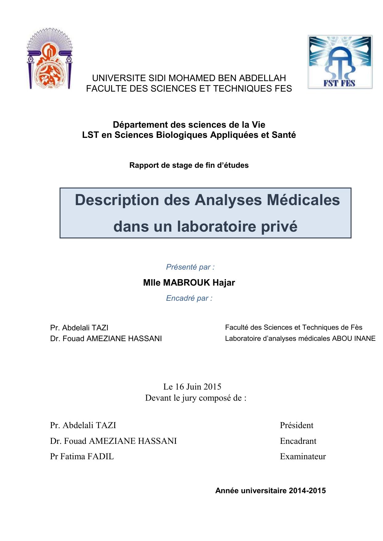 Description des Analyses Médicales dans un laboratoire privé