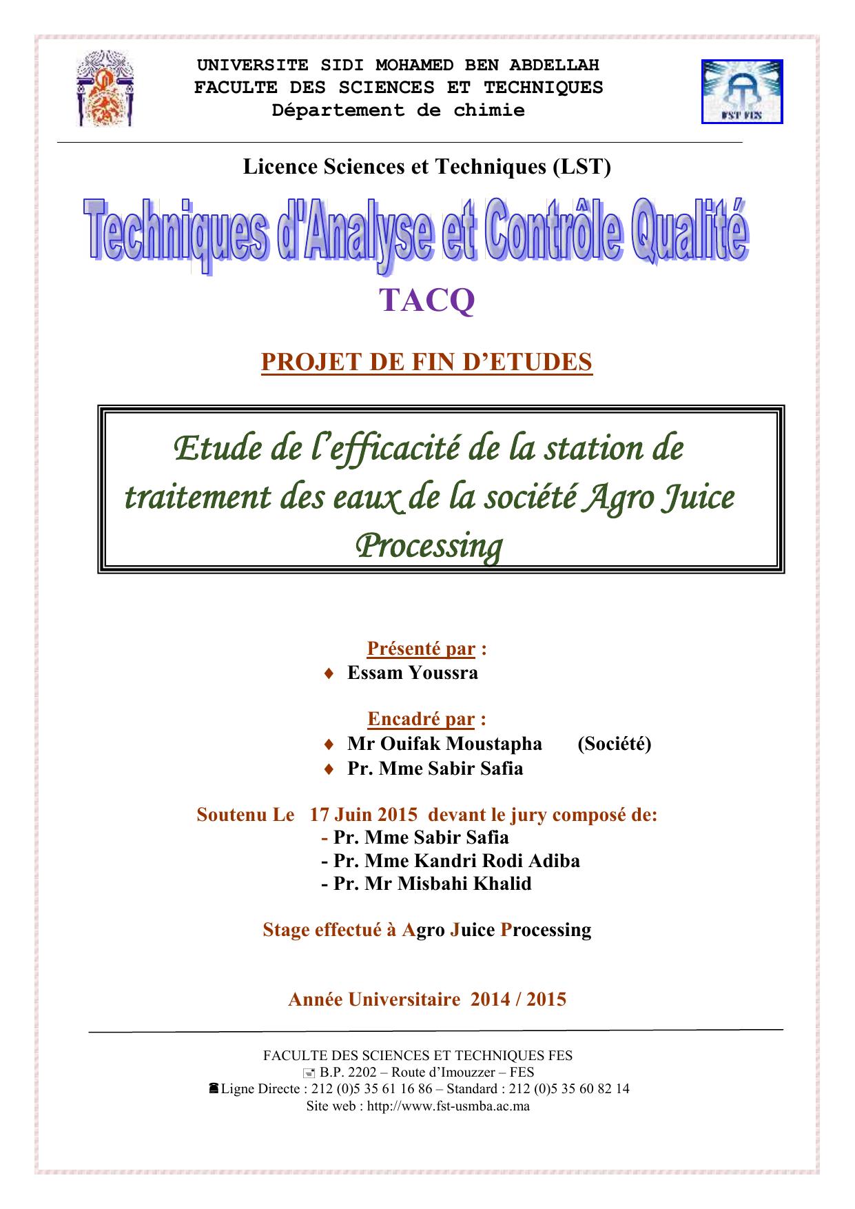 Etude de l’efficacité de la station de traitement des eaux de la société Agro Juice Processing