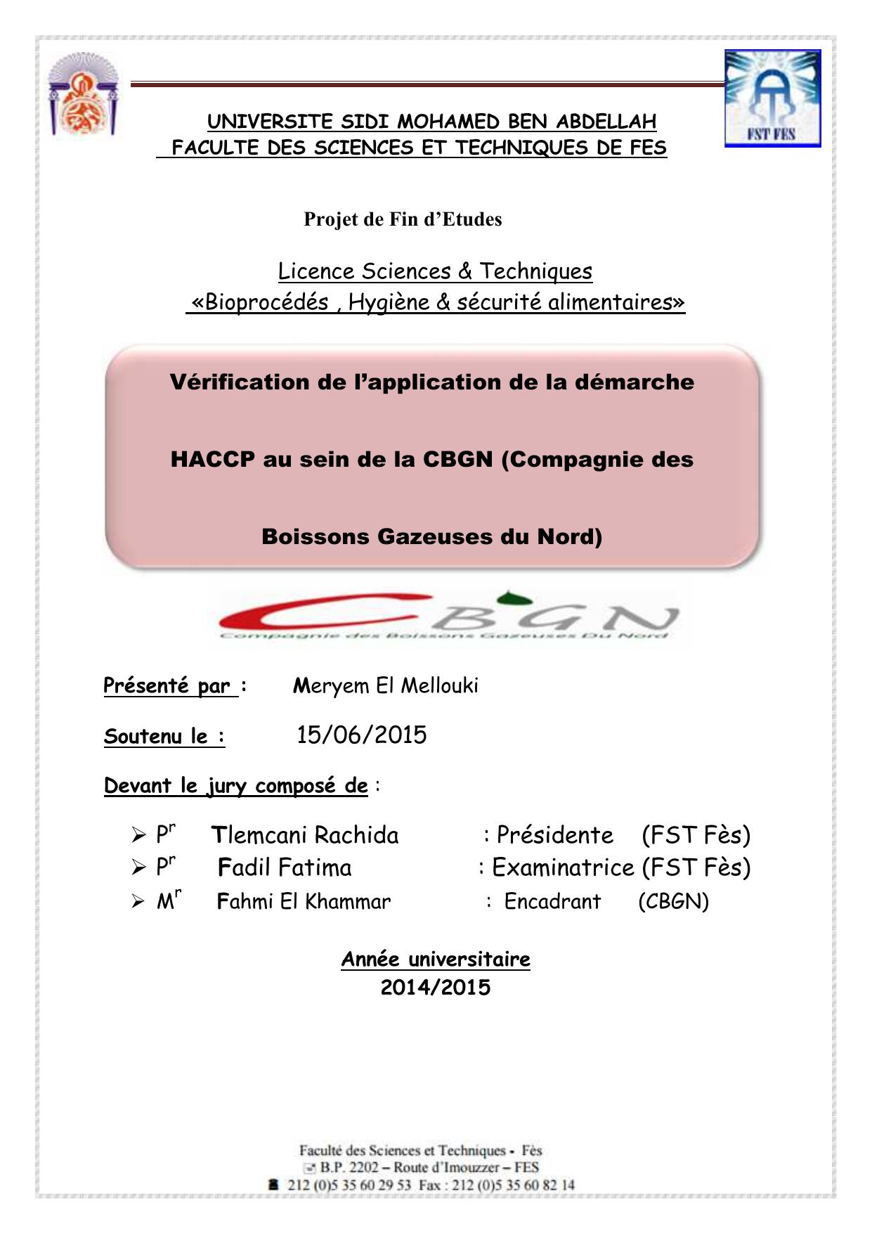 Vérification de l’application de la démarche HACCP au sein de la CBGN (Compagnie des Boissons Gazeuses du Nord)