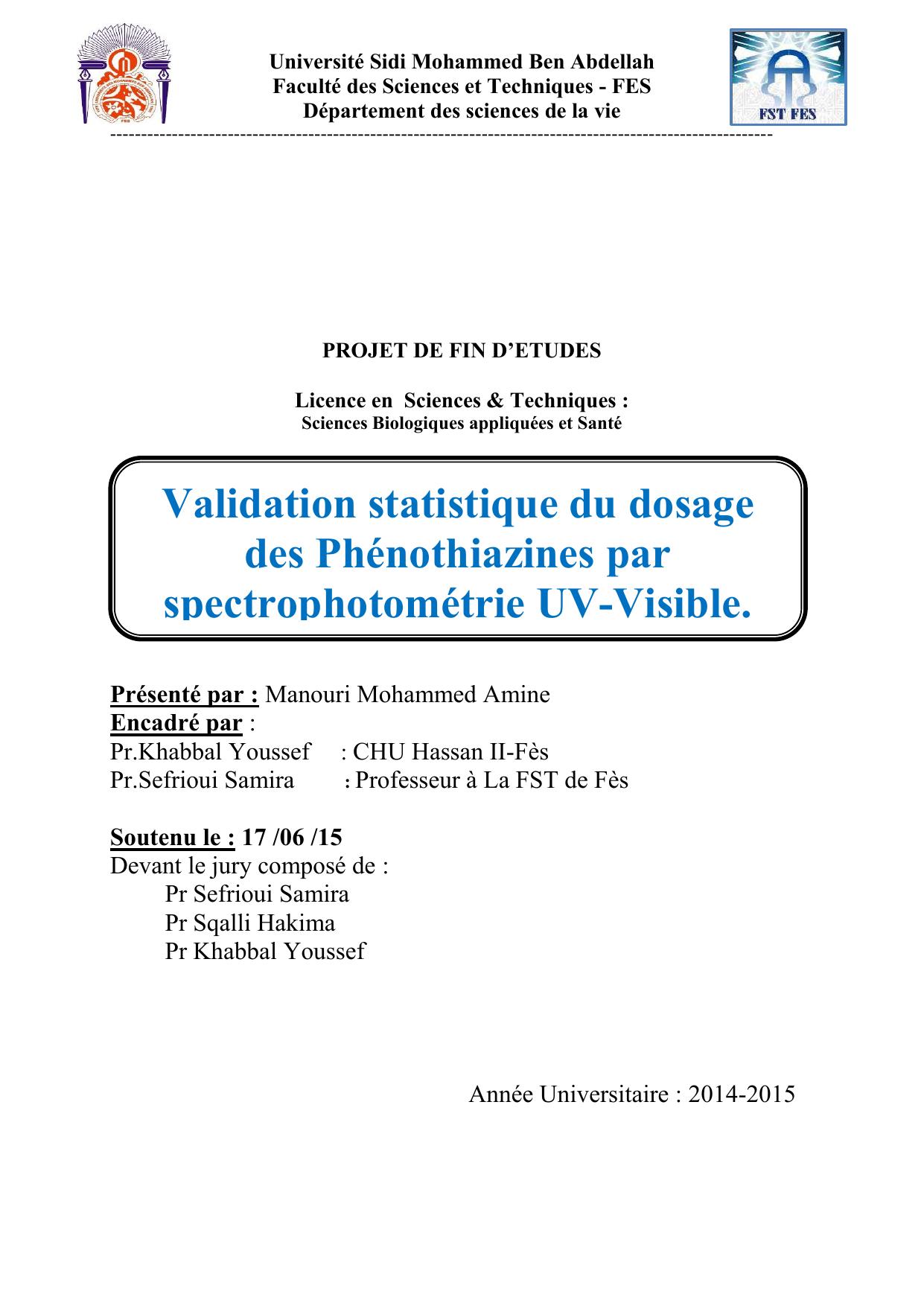 Validation statistique du dosage des Phénothiazines par spectrophotométrie UV-Visible