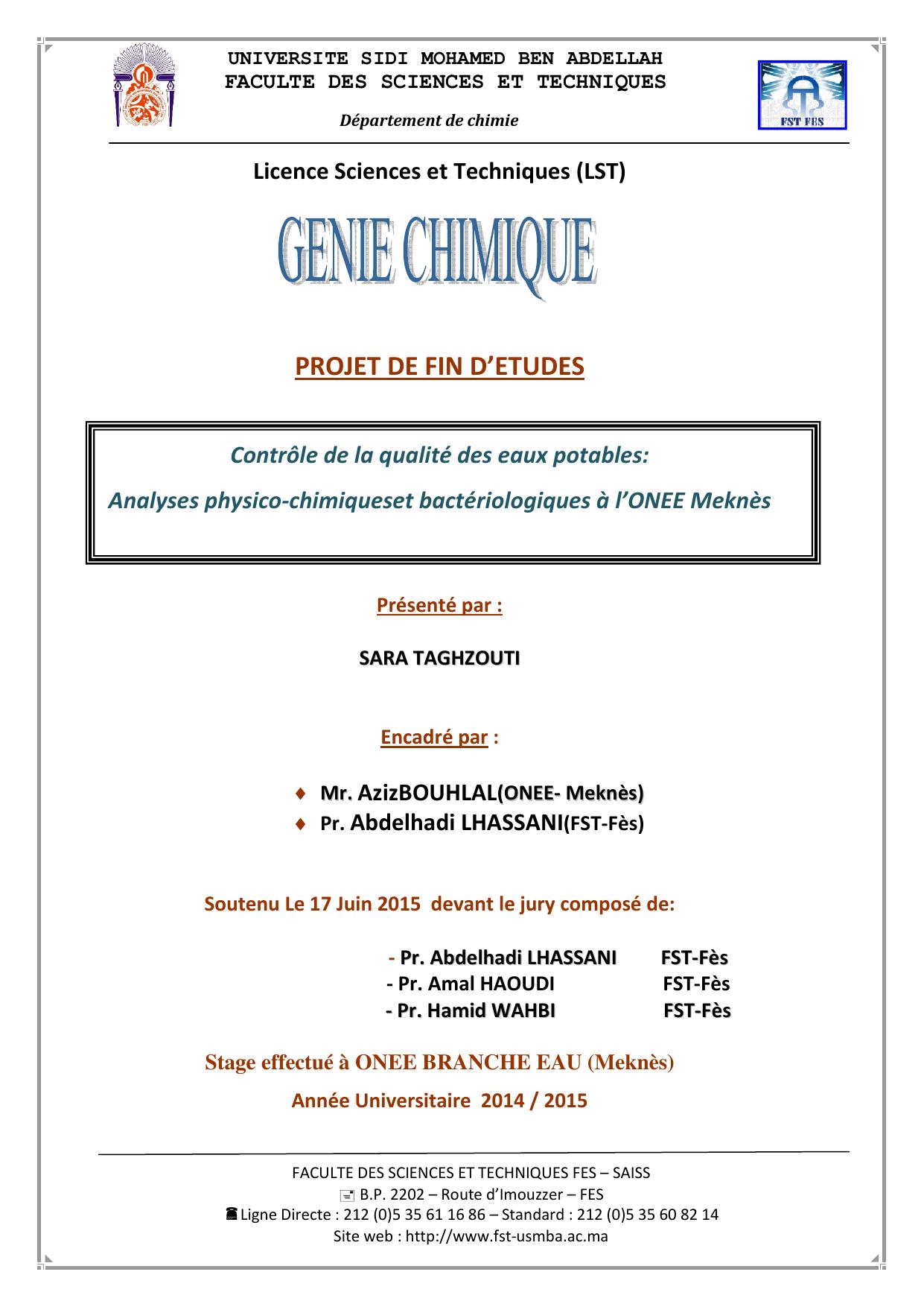 Contrôle de la qualité des eaux potables: Analyses physico-chimiqueset bactériologiques à l’ONEE Meknès