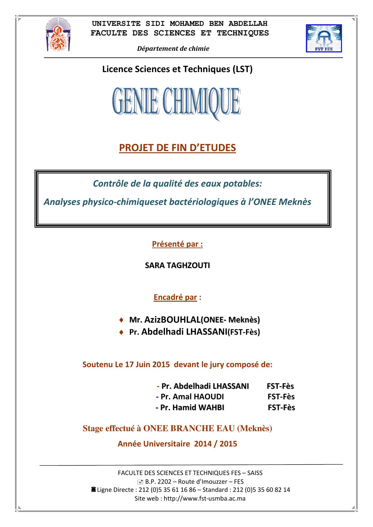 Contrôle de la qualité des eaux potables: Analyses physico-chimiqueset bactériologiques à l’ONEE Meknès