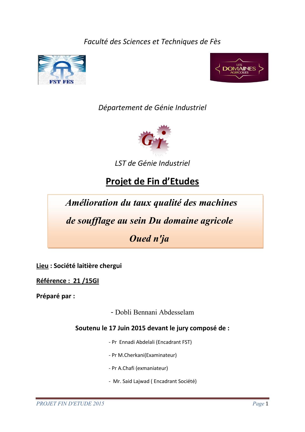 Amélioration du taux qualité des machines de soufflage au sein Du domaine agricole Oued n'ja