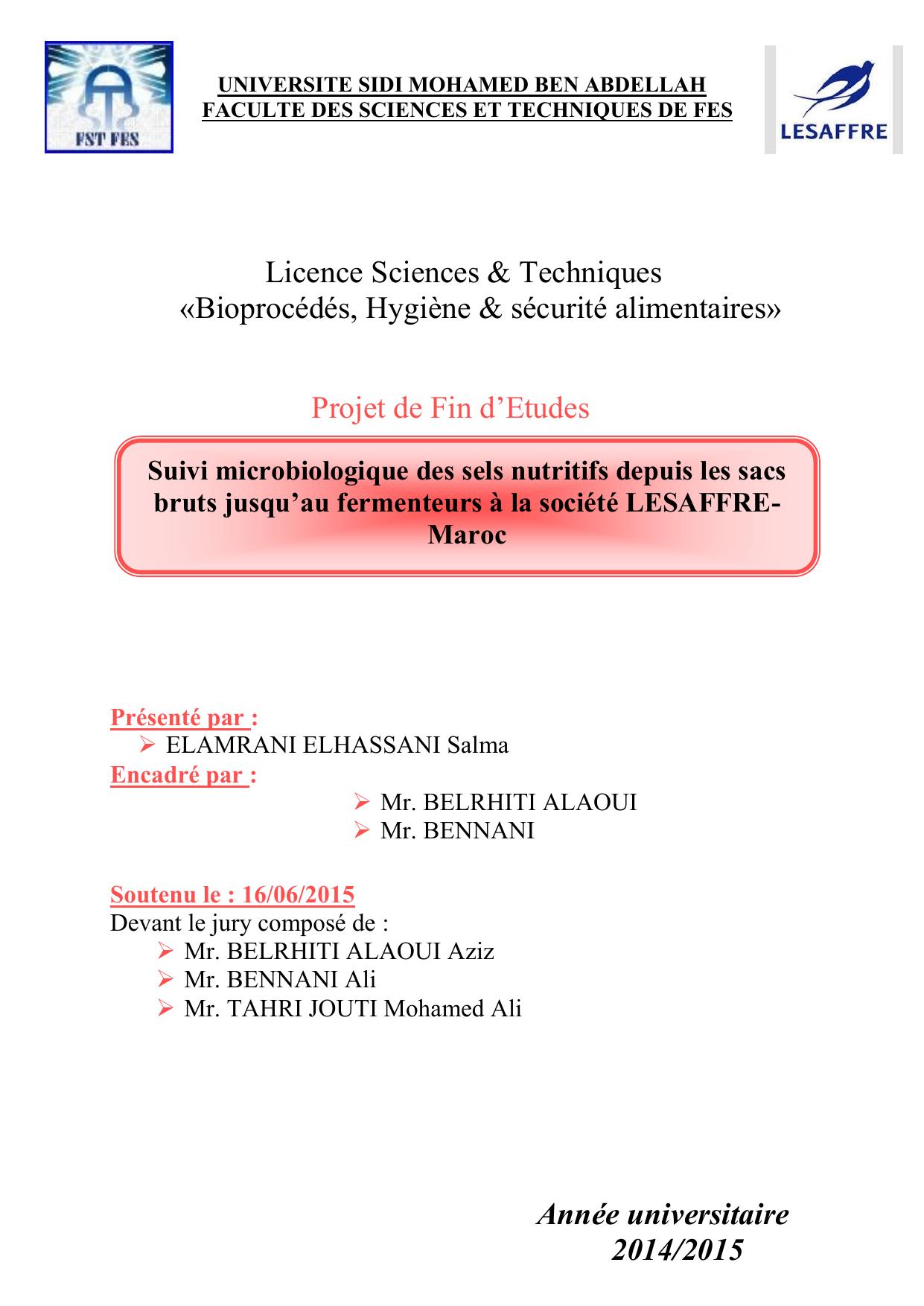 Suivi microbiologique des sels nutritifs depuis les sacs bruts jusqu’au fermenteurs à la société LESAFFRE-Maroc