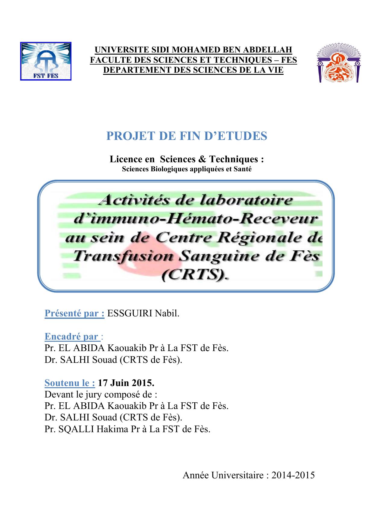 Activités de laboratoire d’immuno-Hémato-Receveur au sein de Centre Régionale de Transfusion Sanguine de Fès (CRTS)