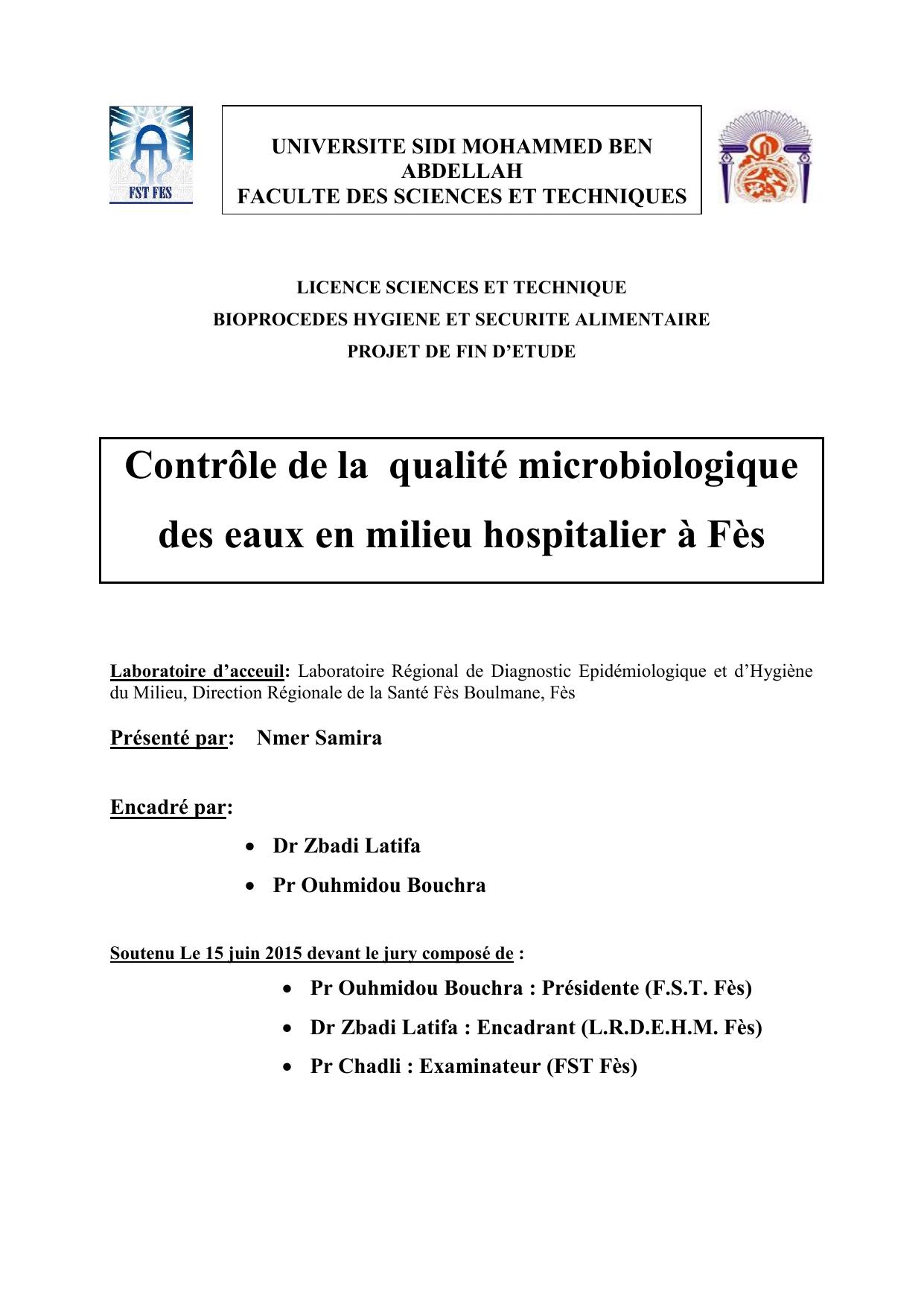 Contrôle de la qualité microbiologique des eaux en milieu hospitalier à Fès