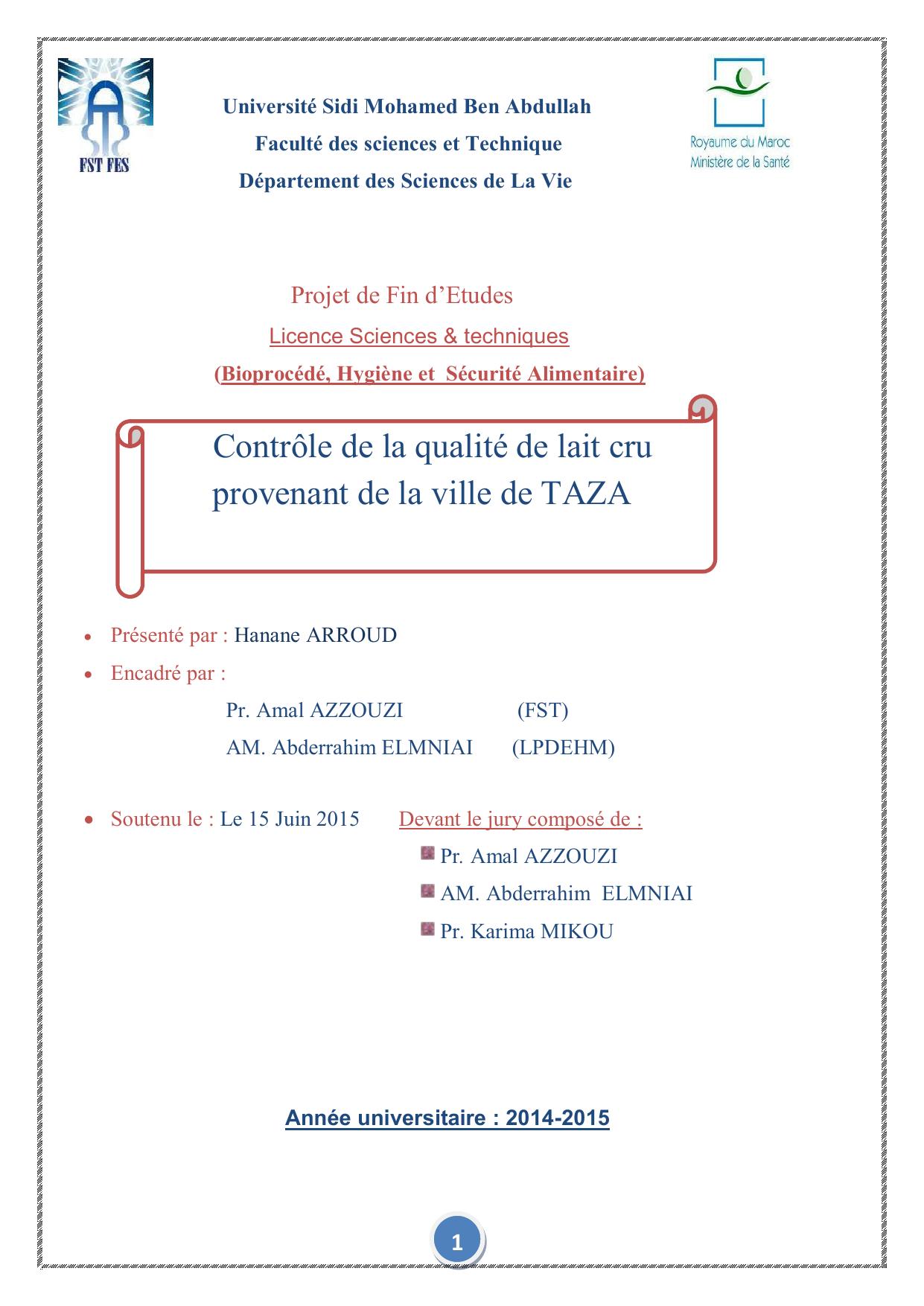 Contrôle de la qualité de lait cru provenant de la ville de TAZA