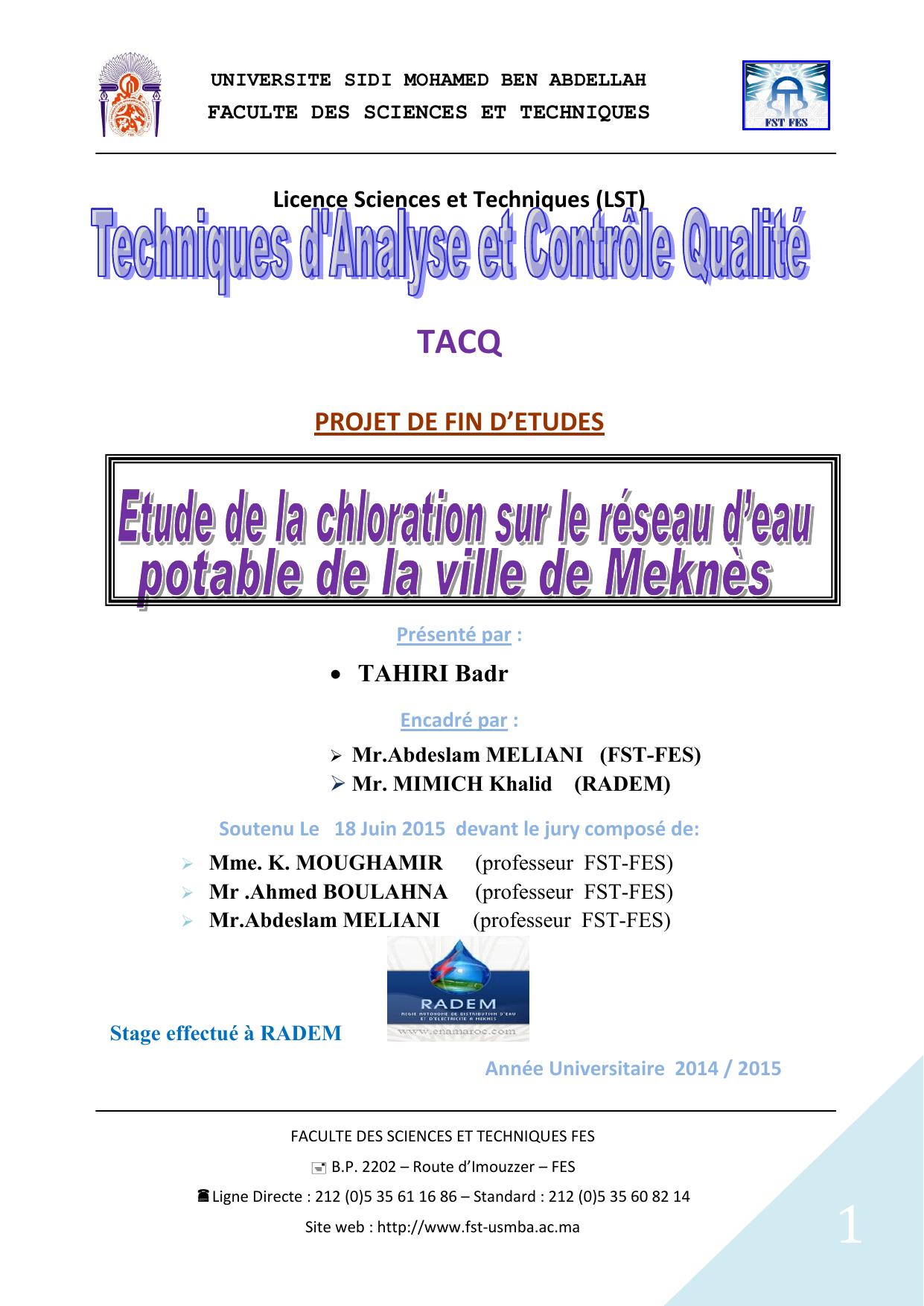 Etude de la chloration sur le réseau d'eau potable de la ville de Meknès