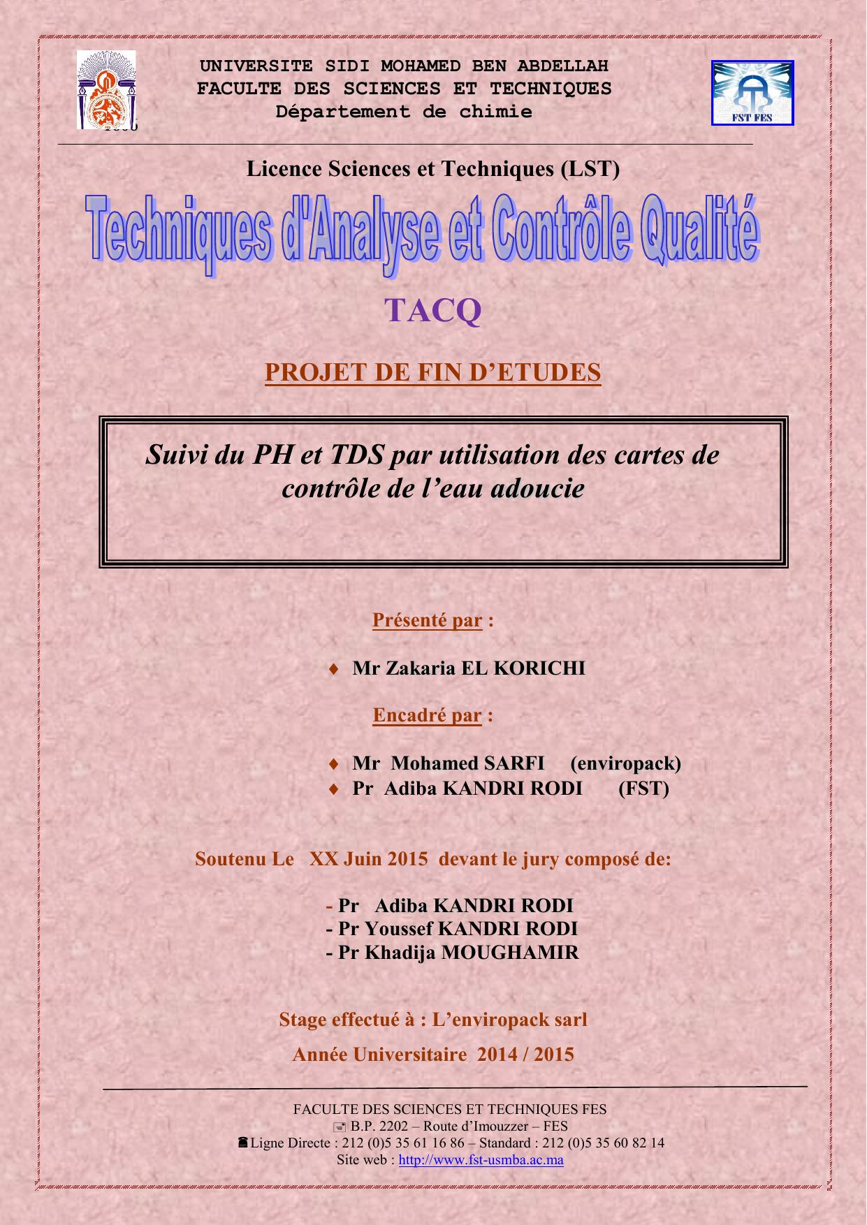 Suivi du PH et TDS par utilisation des cartes de contrôle de l’eau adoucie