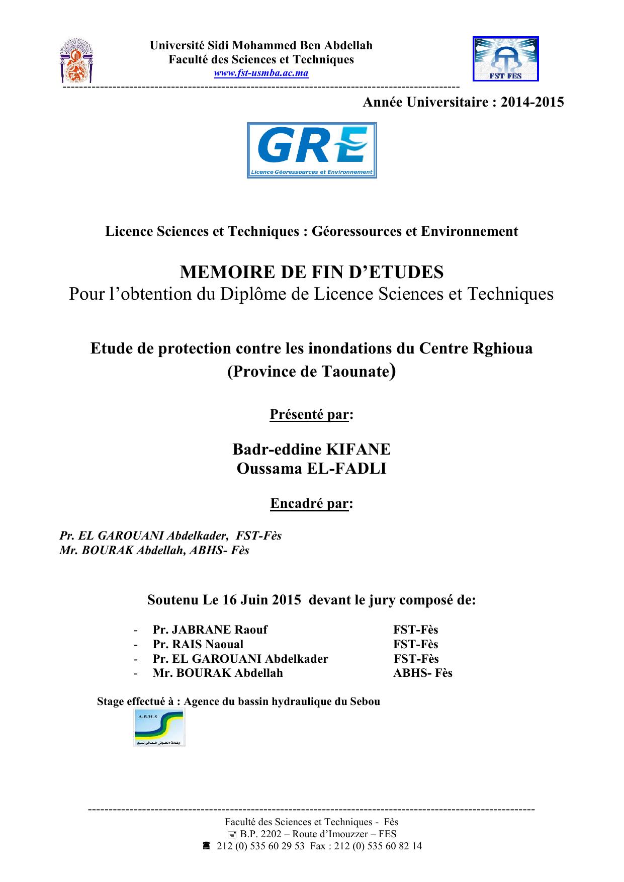 Etude de protection contre les inondations du Centre Rghioua (Province de Taounate)