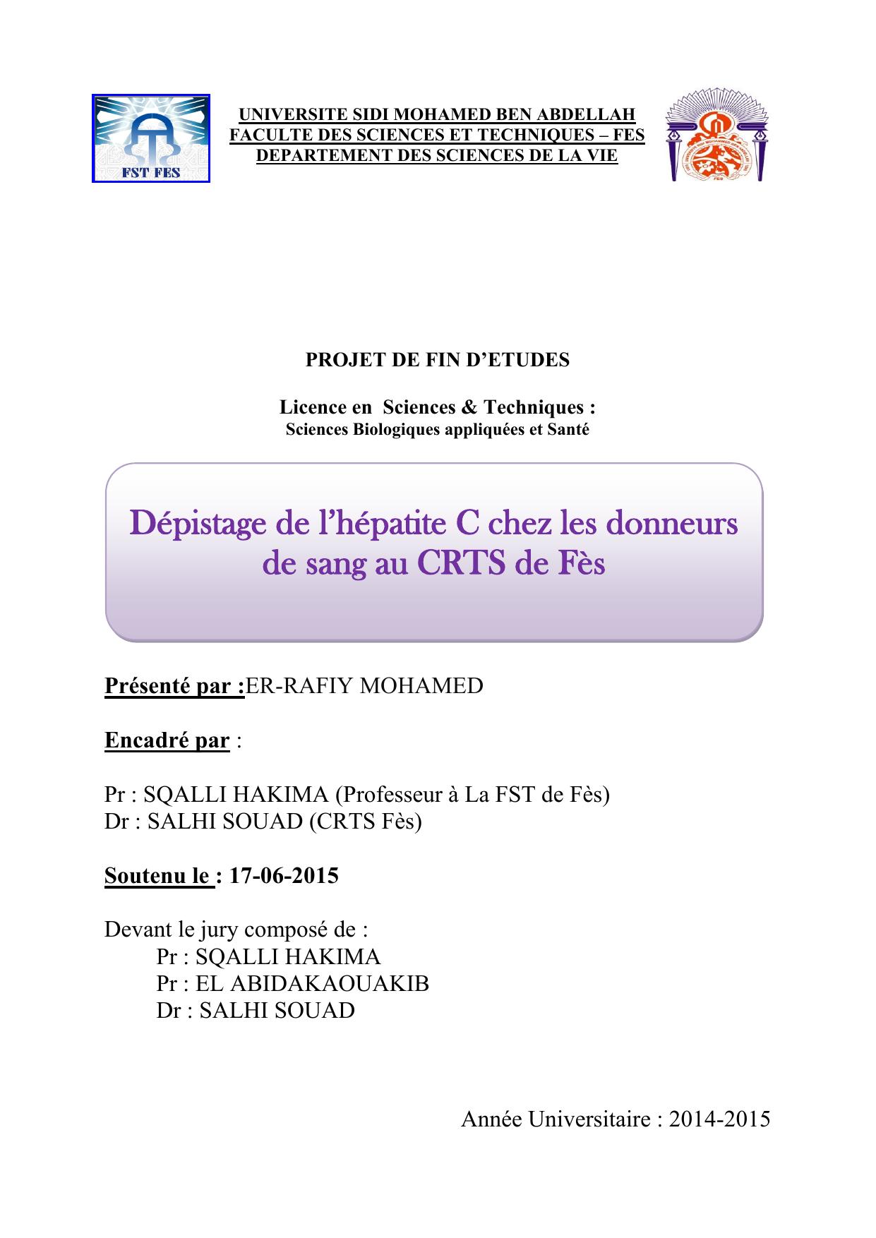 Dépistage de l’hépatite C chez les donneurs de sang au CRTS de Fès