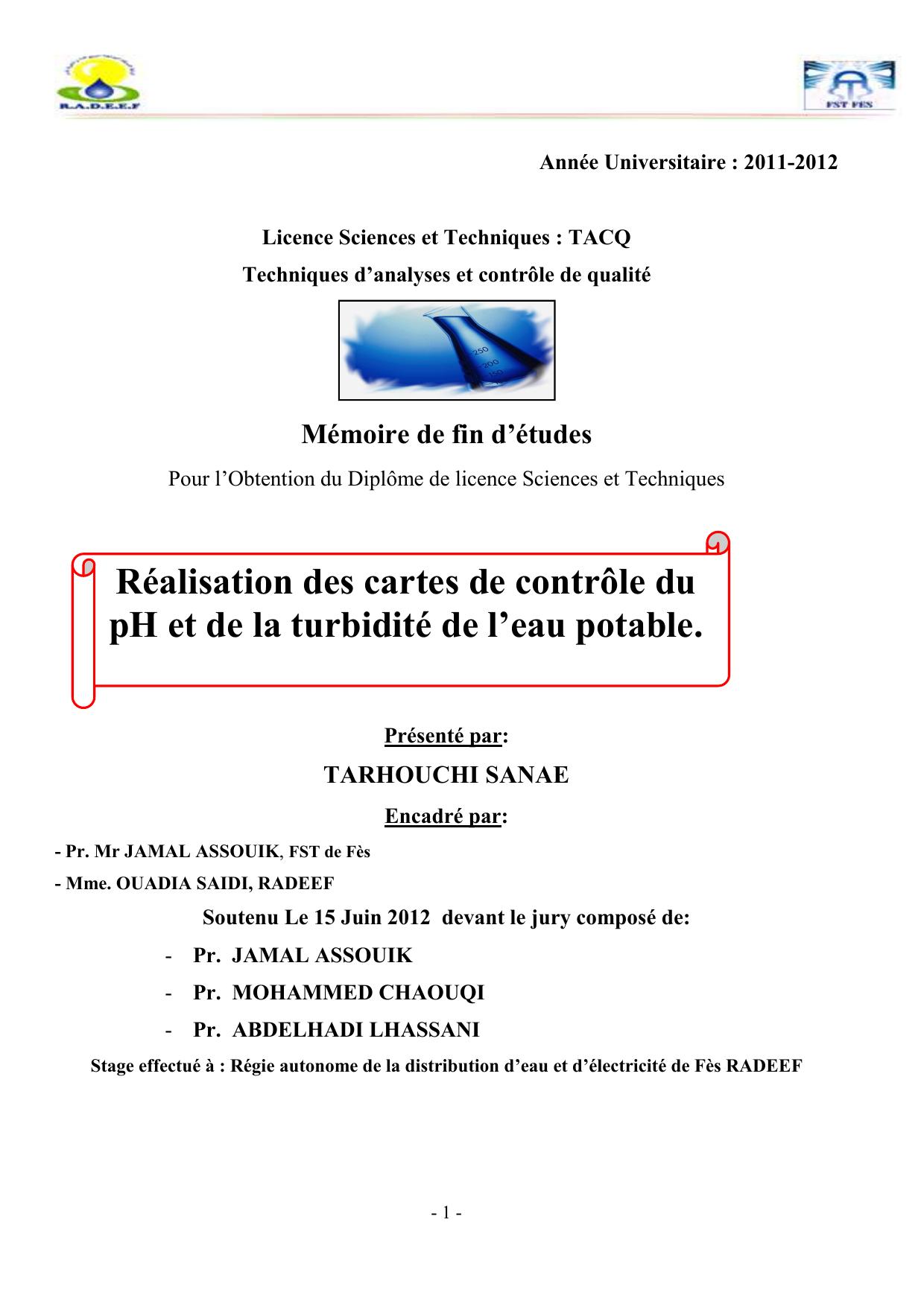 Réalisation des cartes de contrôle du pH et de la turbidité de l’eau potable