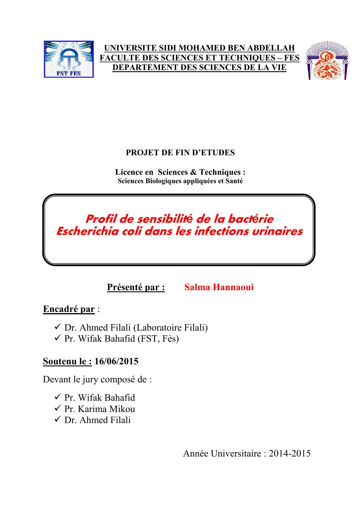 Profil de sensibilité de la bactérie Escherichia coli dans les infections urinaires