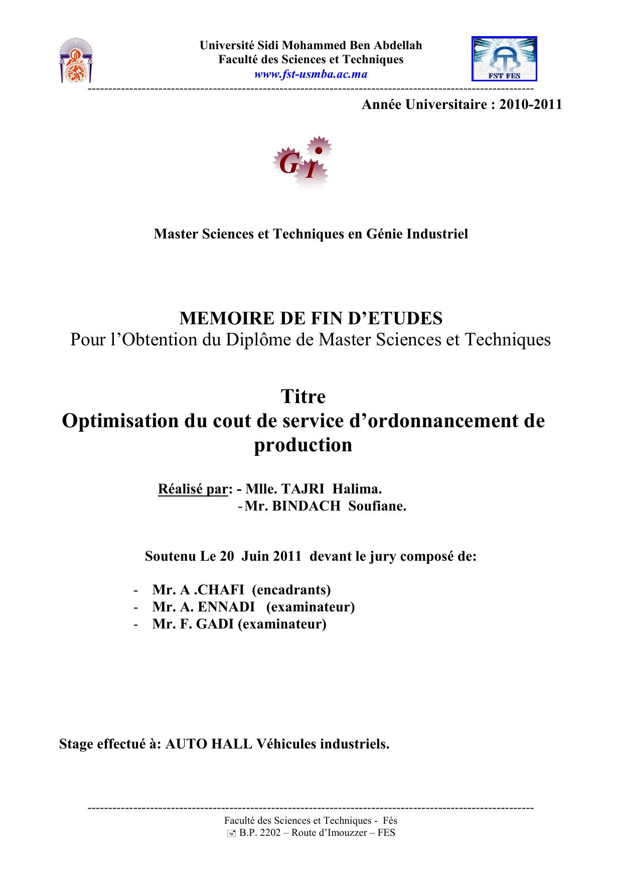 Optimisation du cout de service d’ordonnancement de production