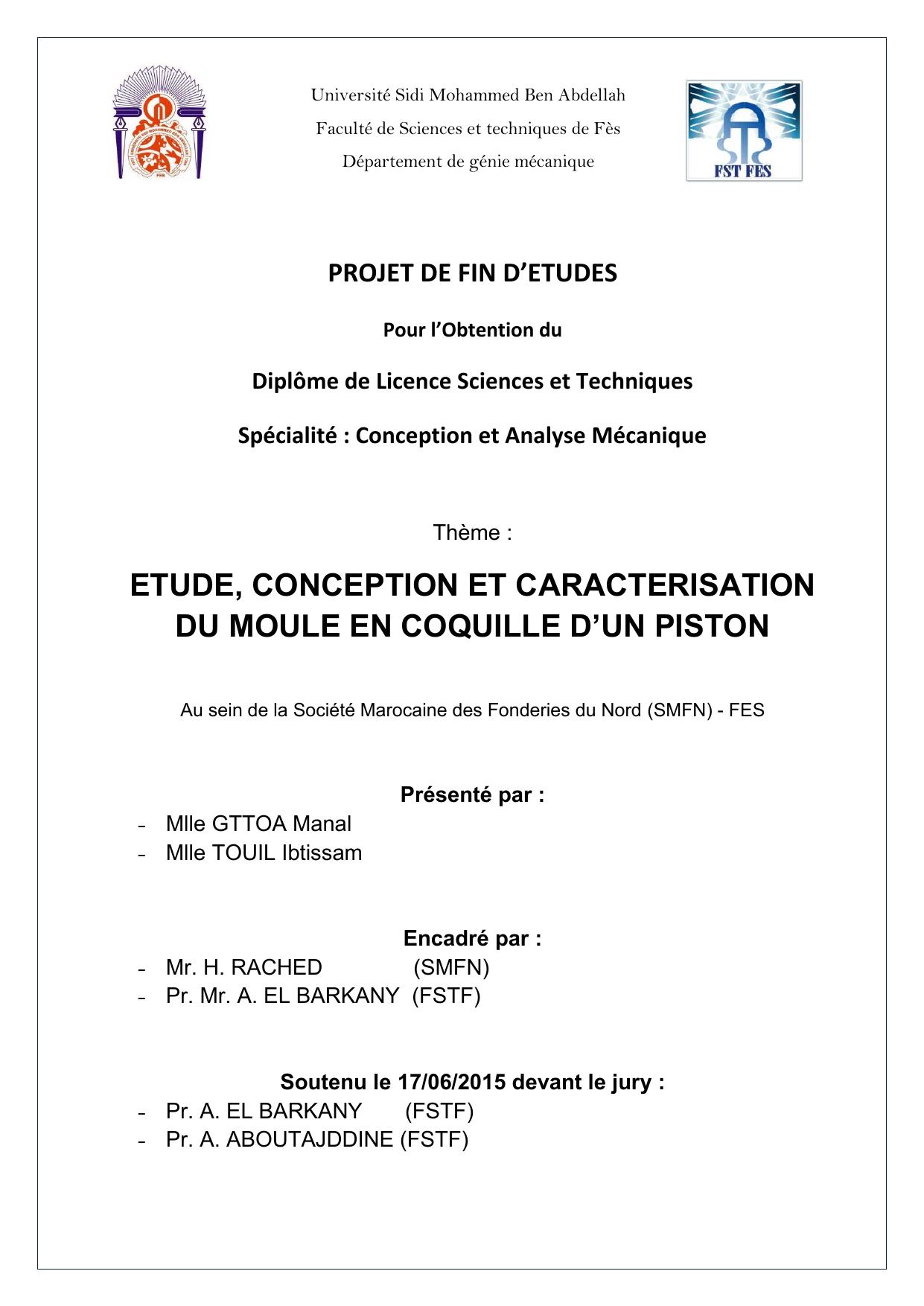 ETUDE, CONCEPTION ET CARACTERISATION DU MOULE EN COQUILLE D’UN PISTON