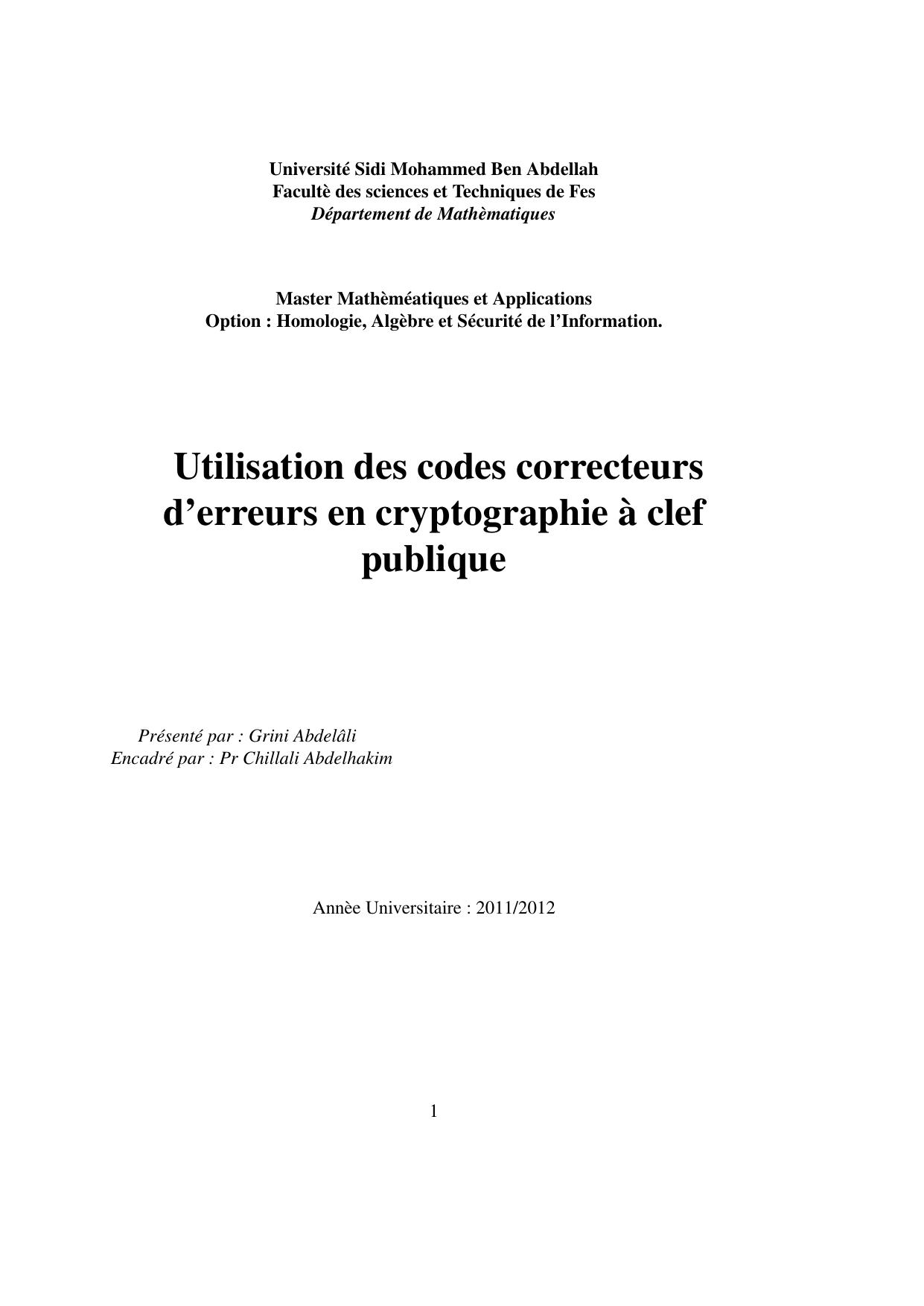 Utilisation des codes correcteurs d’erreurs en cryptographie à clef publique