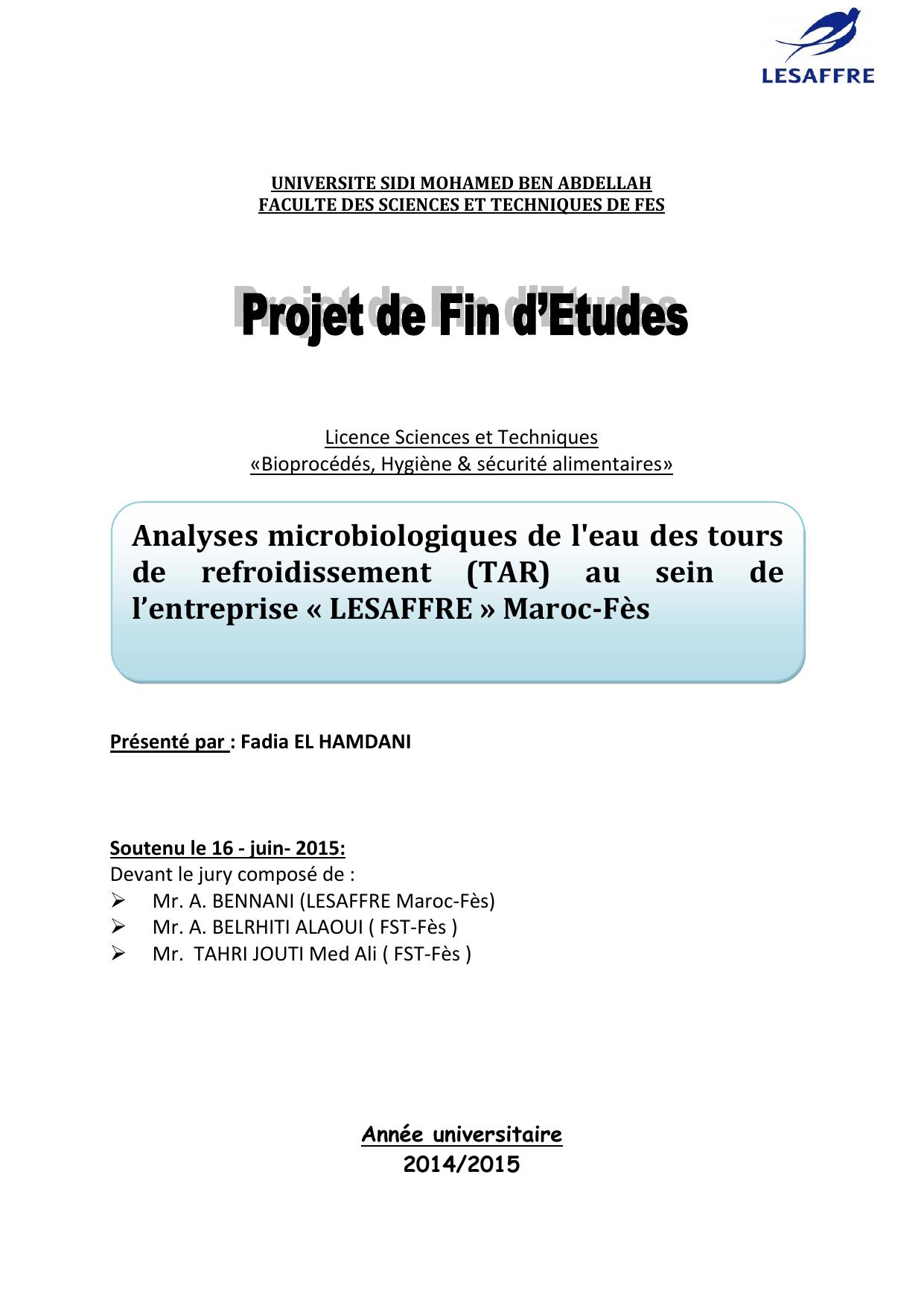 Analyses microbiologiques de l'eau des tours de refroidissement (TAR) au sein de l’entreprise « LESAFFRE » Maroc-Fès