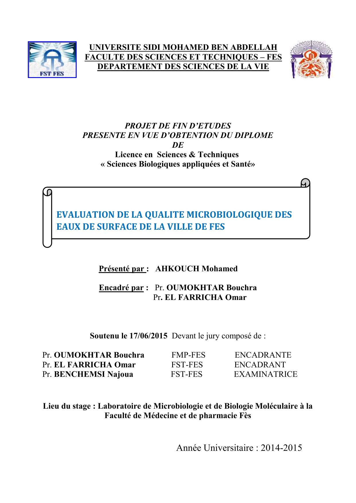 EVALUATION DE LA QUALITE MICROBIOLOGIQUE DES EAUX DE SURFACE DE LA VILLE DE FES