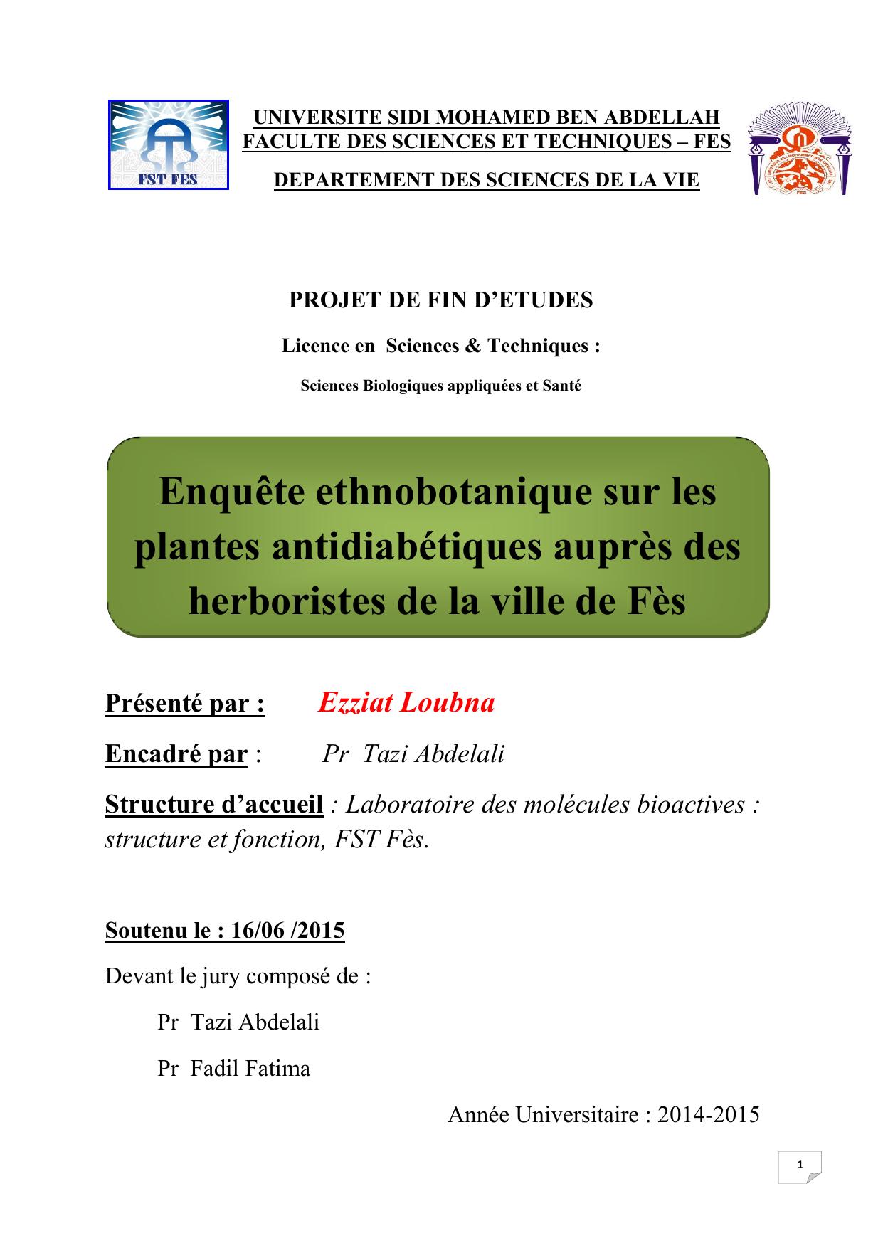 Enquête ethnobotanique sur les plantes antidiabétiques auprès des herboristes de la ville de Fès