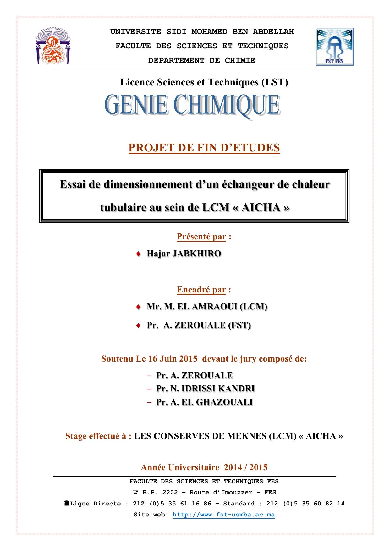 Essai de dimensionnement d’un échangeur de chaleur tubulaire au sein de LCM « AICHA »