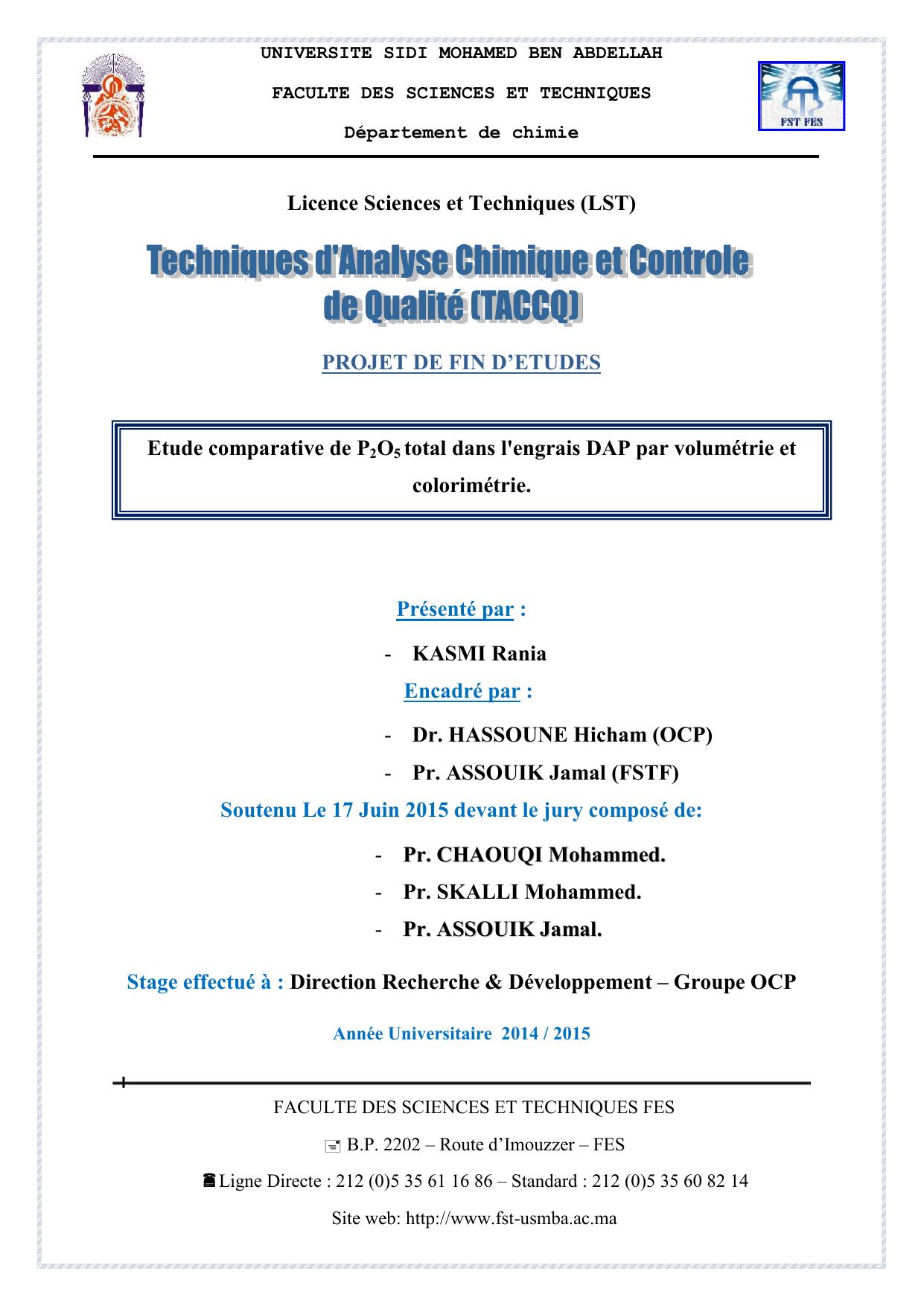 Etude comparative de P2O5 total dans l'engrais DAP par volumétrie et colorimétrie