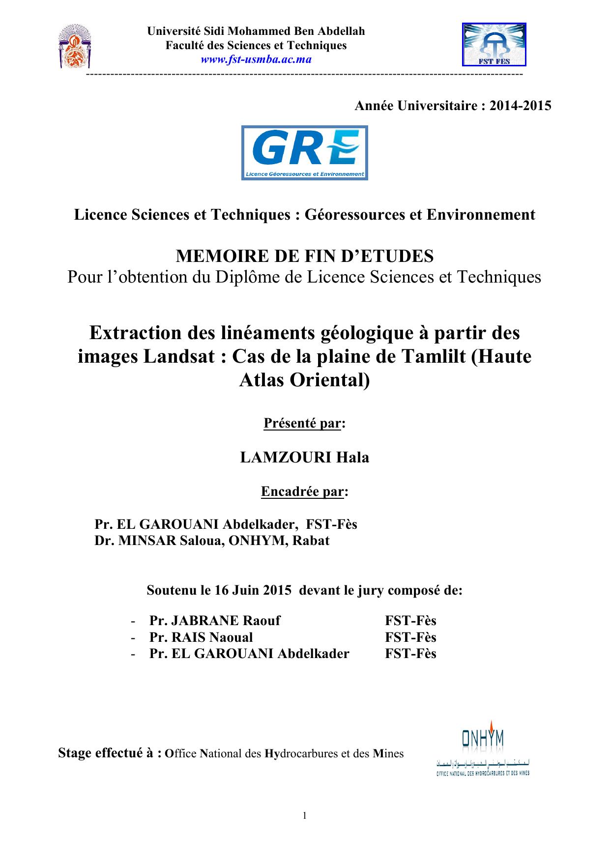 Extraction des linéaments géologique à partir des images Landsat : Cas de la plaine de Tamlilt (Haute Atlas Oriental)