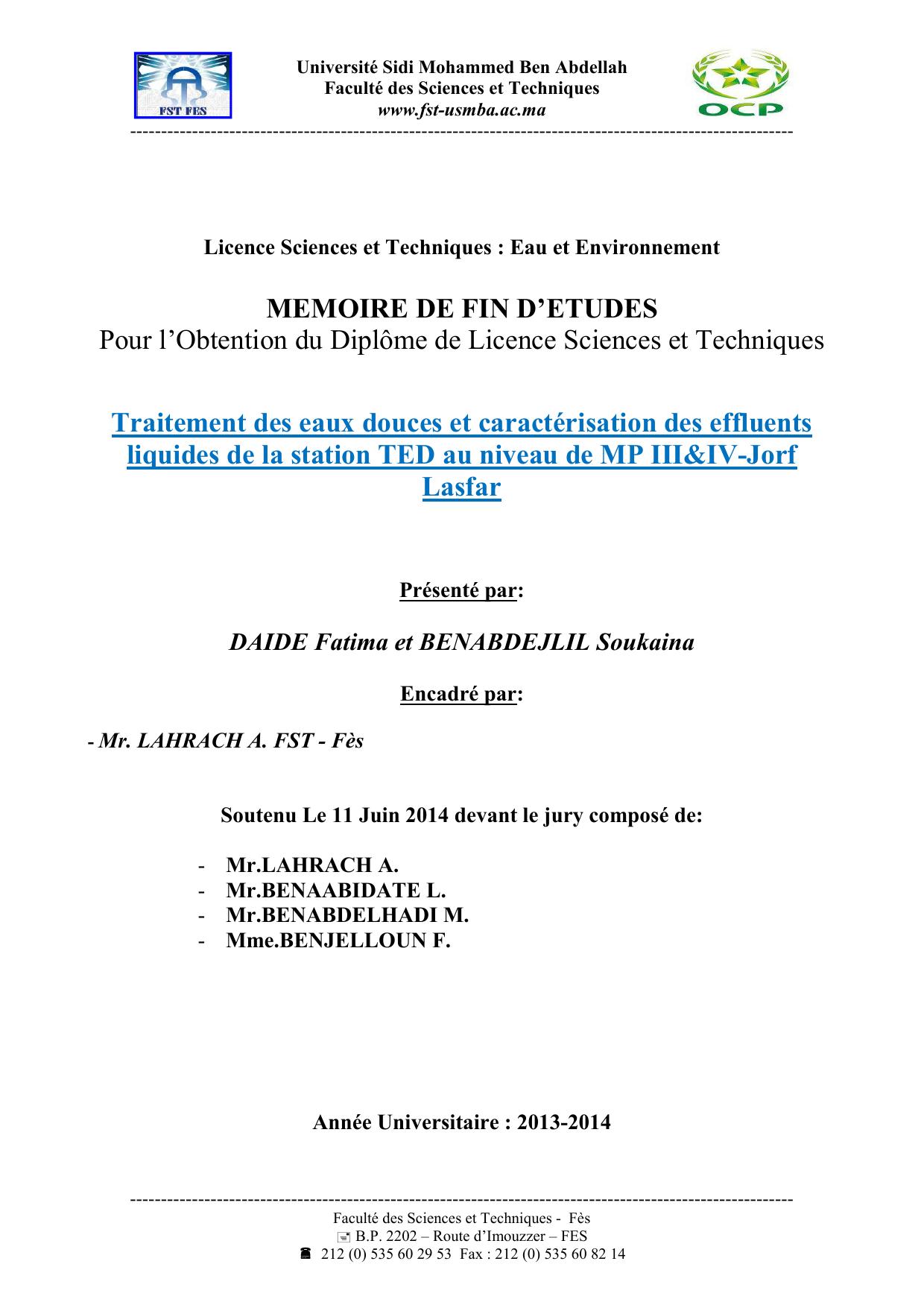 Traitement des eaux douces et caractérisation des effluents liquides de la station TED au niveau de MP III&IV-Jorf Lasfar