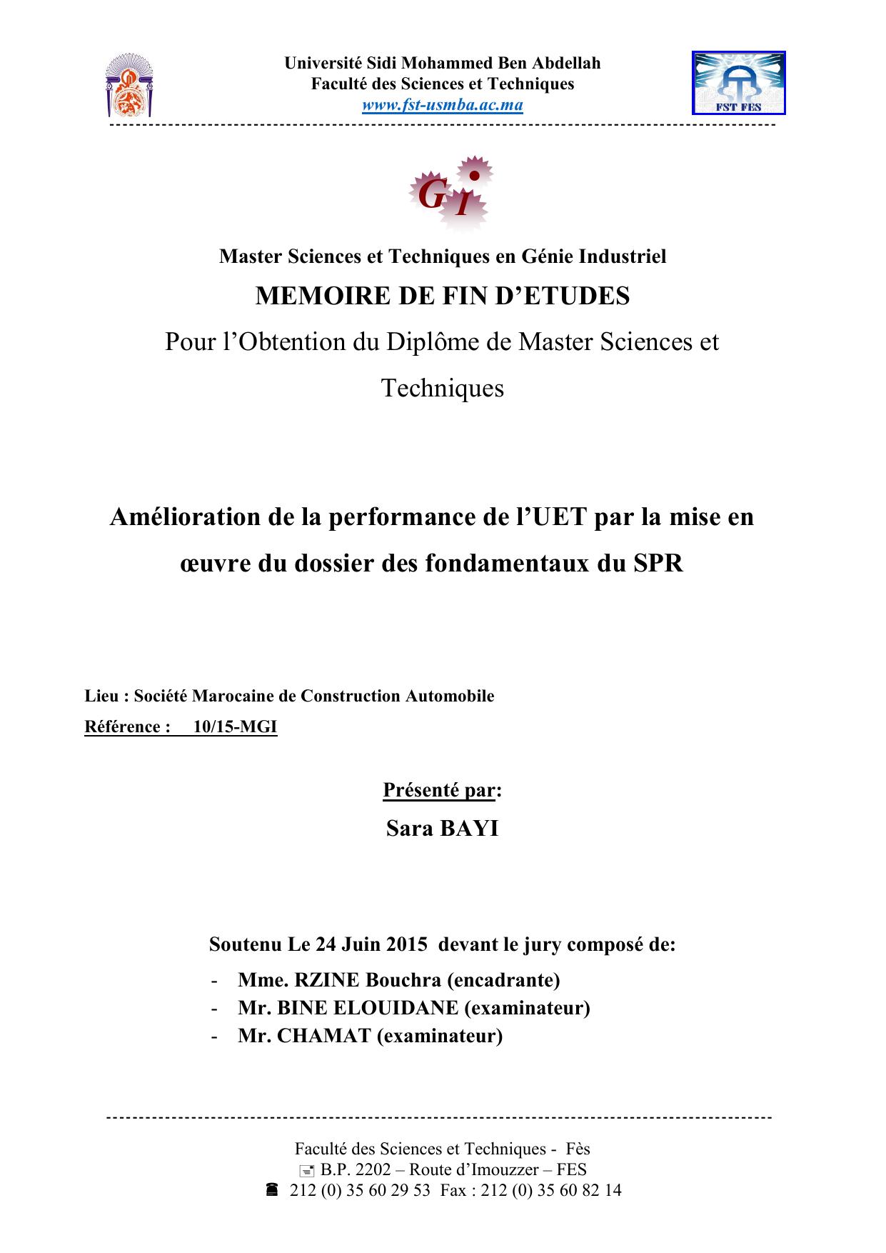 Amélioration de la performance de l’UET par la mise en oeuvre du dossier des fondamentaux du SPR