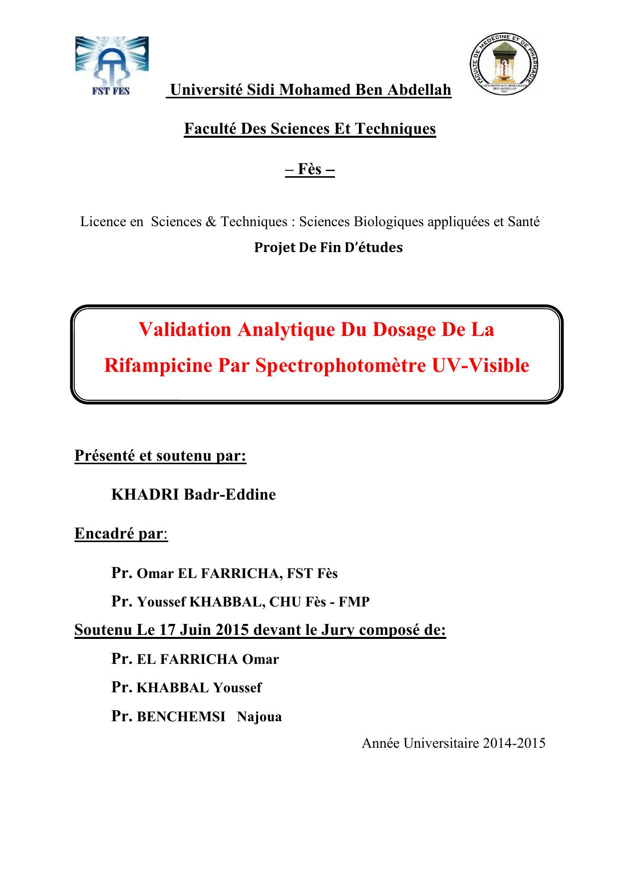 Validation Analytique Du Dosage De La Rifampicine Par Spectrophotomètre UV-Visible