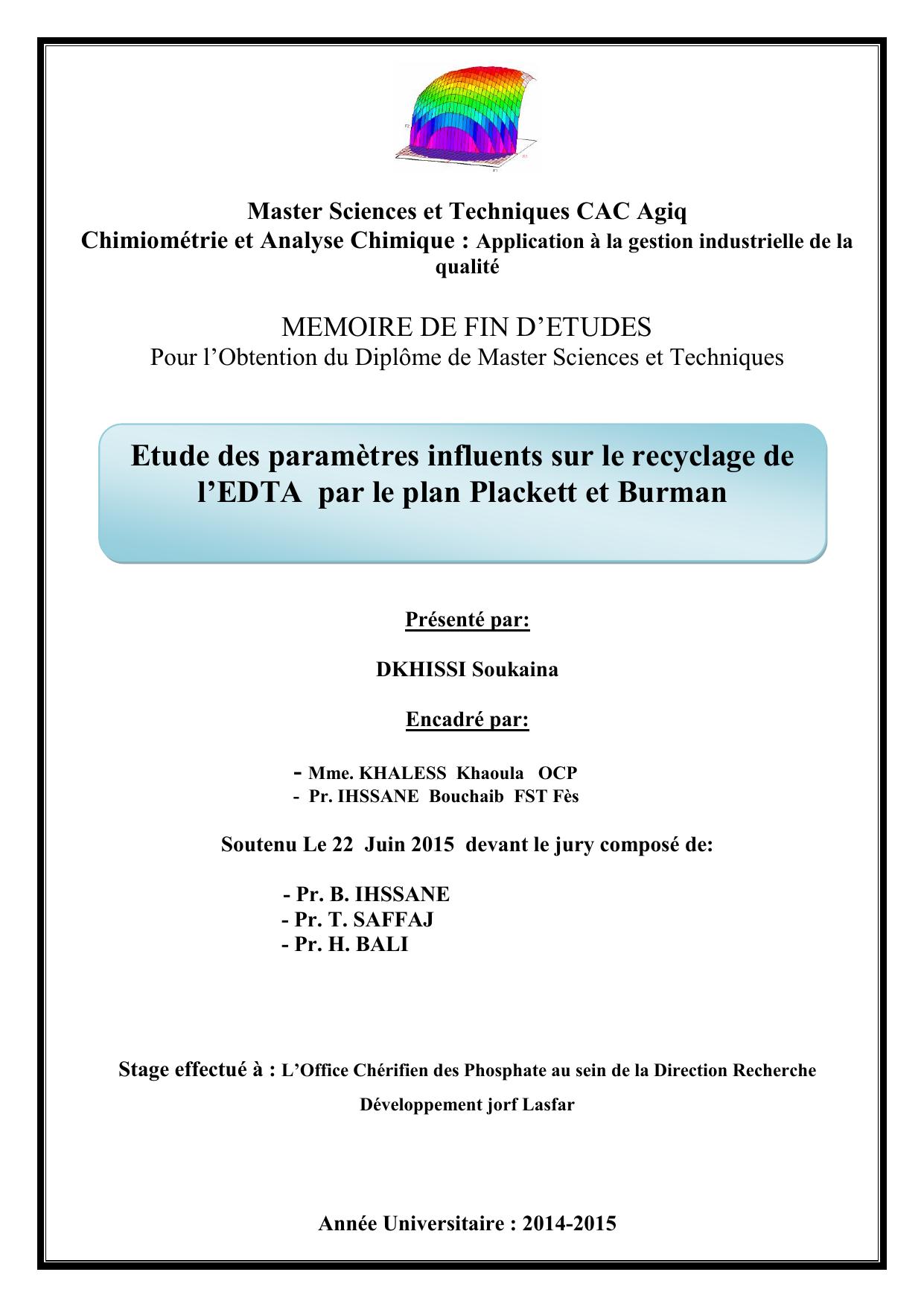 Etude des paramètres influents sur le recyclage de l’EDTA par le plan Plackett et Burman