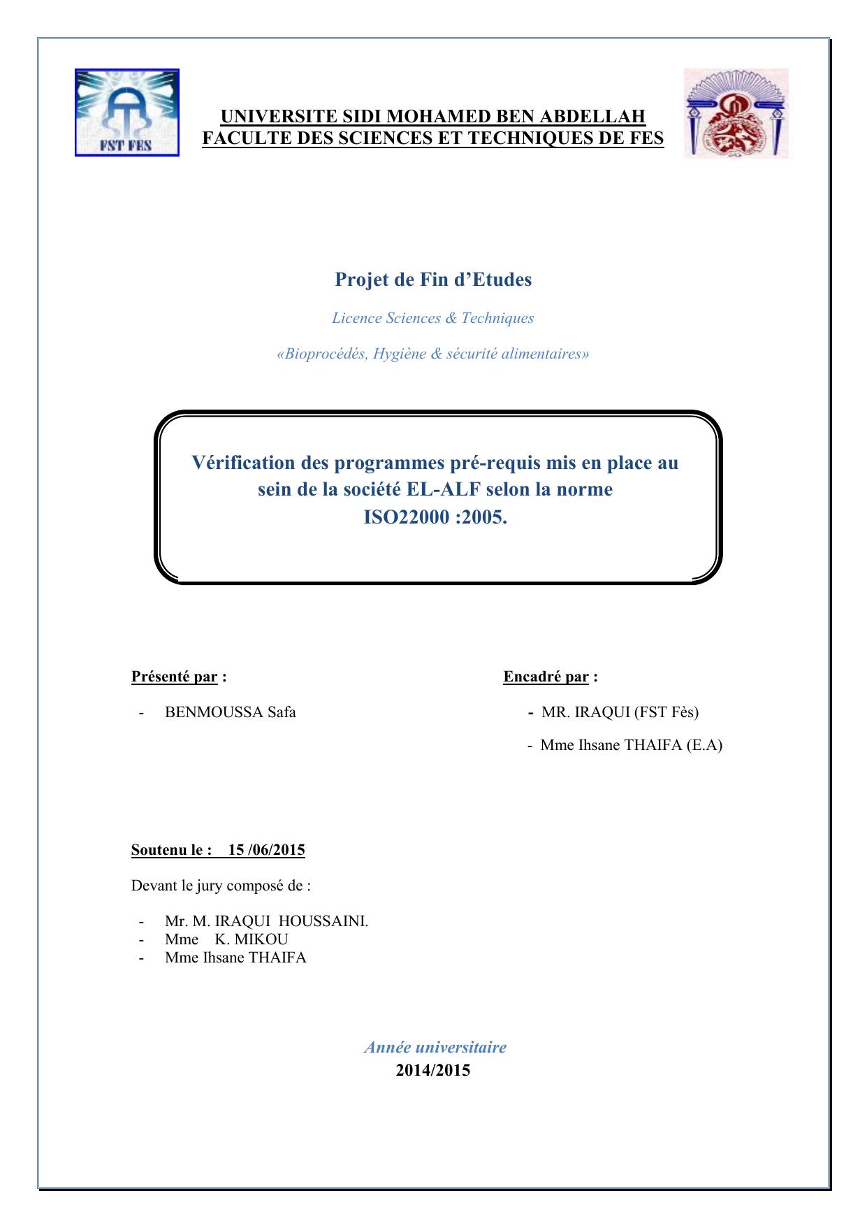 Vérification des programmes pré-requis mis en place au sein de la société EL-ALF selon la norme ISO22000 :2005