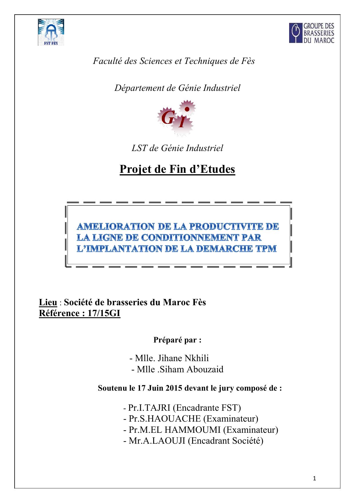 Amélioration de la productivité de la ligne de conditionnement par l'implantation de la démarche TPM